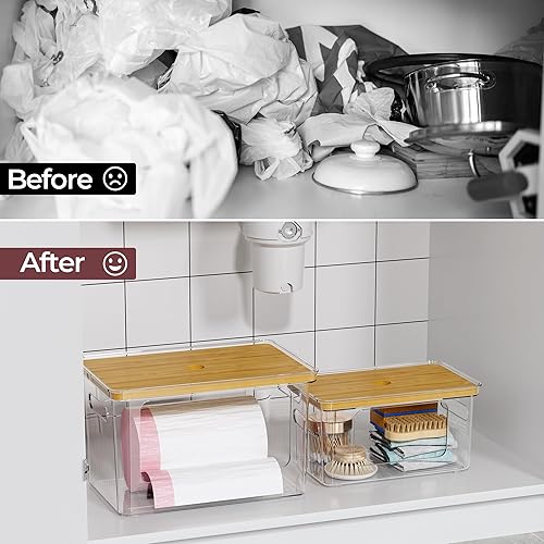 Miniatura 5 de Delamu Dispensador de bolsas de basura de plástico transparente, 2 unidades, almacenamiento de bolsas de basura con tapa de bambú, organizador