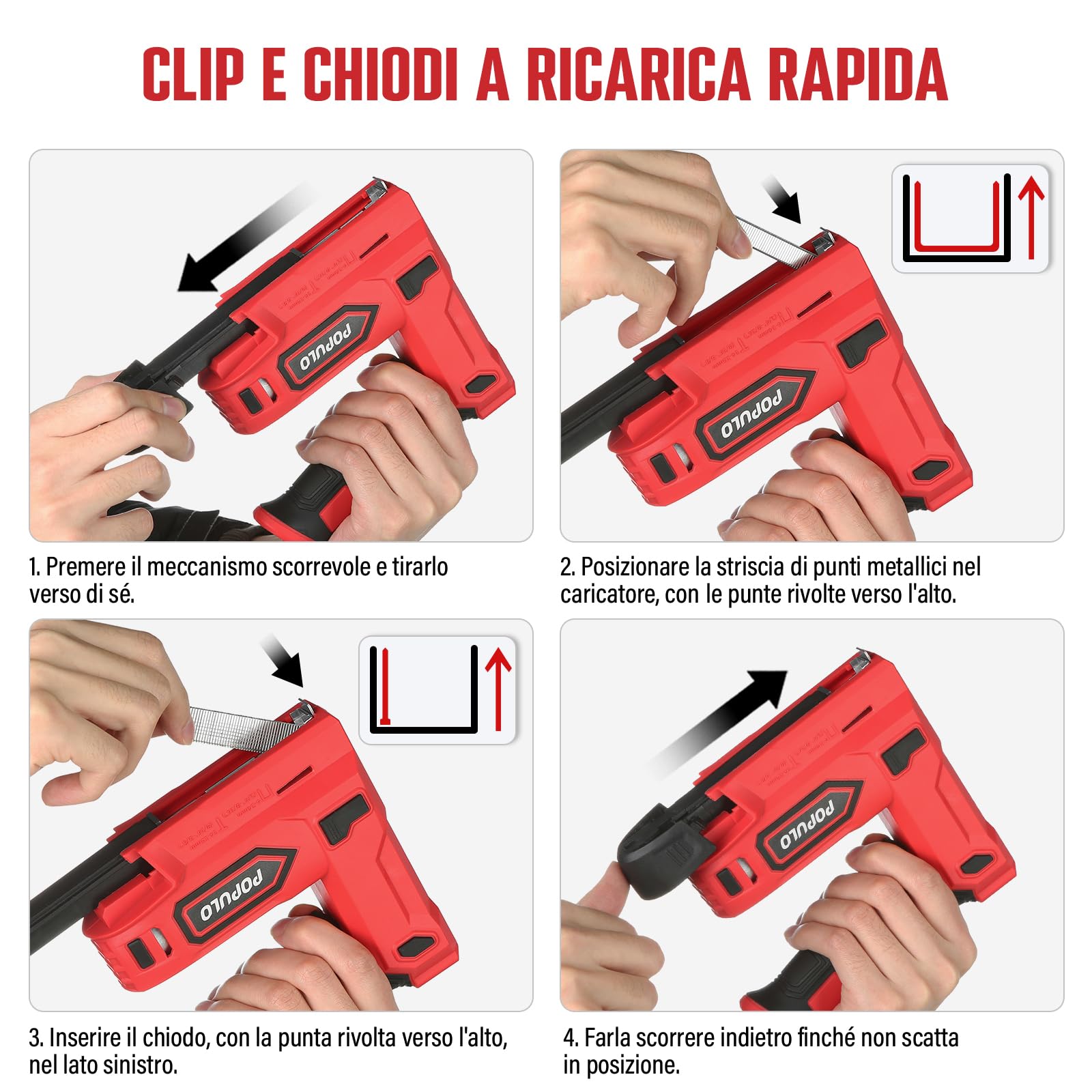POPULO Graffettatrice Elettrica 2-in-1 Wireless 4V a Ioni di Litio con USB-C, Include Graffe e Chiodini per Tappezzeria, Riparazione Mobili, Moquette e Fai-da-Te Casa, Rosso