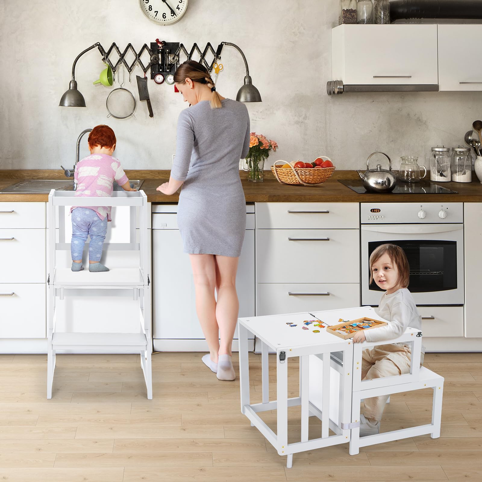 COSYLAND 3-in-1-Küchenhocker-Helfer für Kleinkinder, wandelbarer Stehturm mit Whiteboard für Kinder, Badezimmer, Küche, Theke, Helfer, Mutterhelfer, Lernhocker (Weiß)