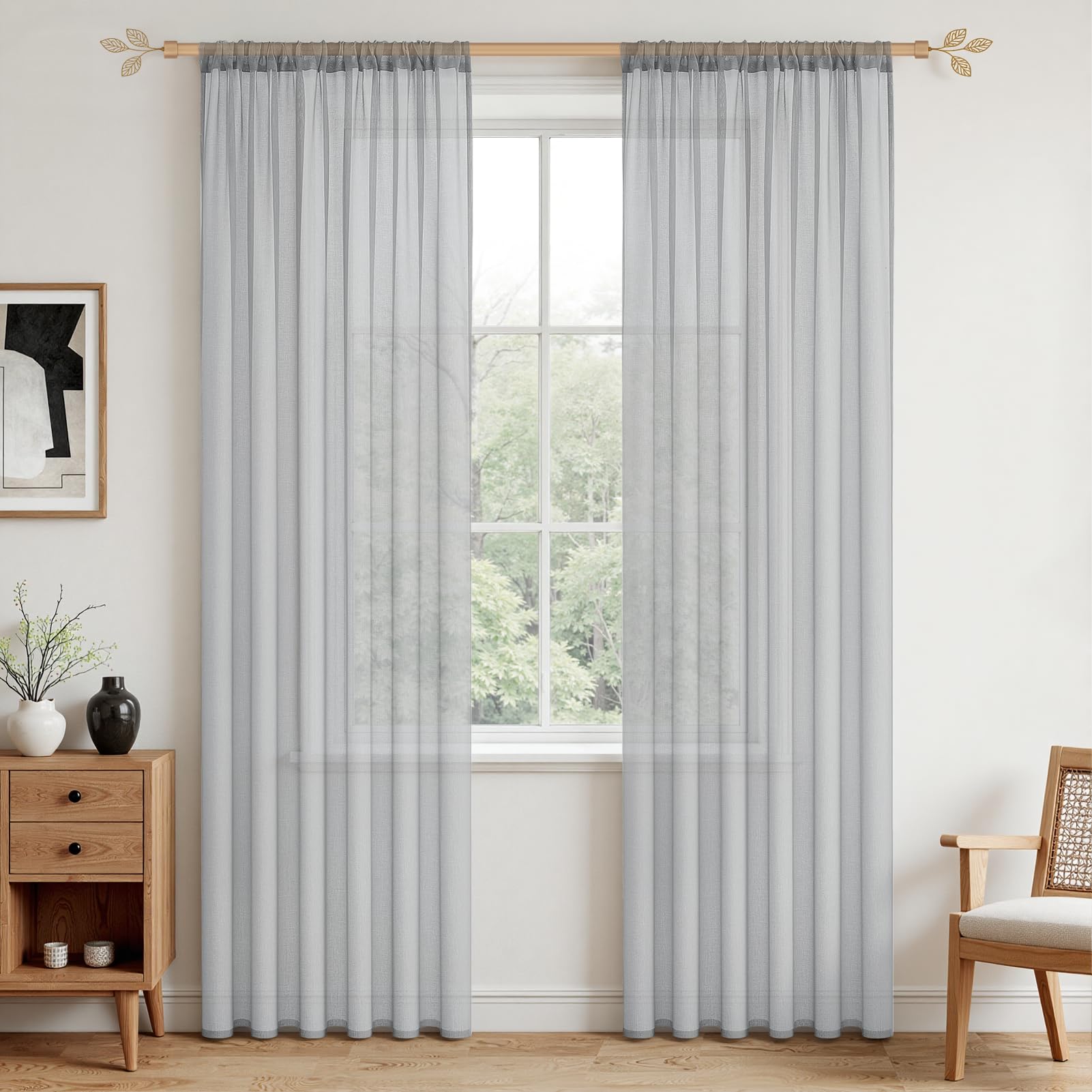 MRTREES Grey Voile Curtains with Rod Pocket, W55 x L90 Inch 2 Panels
