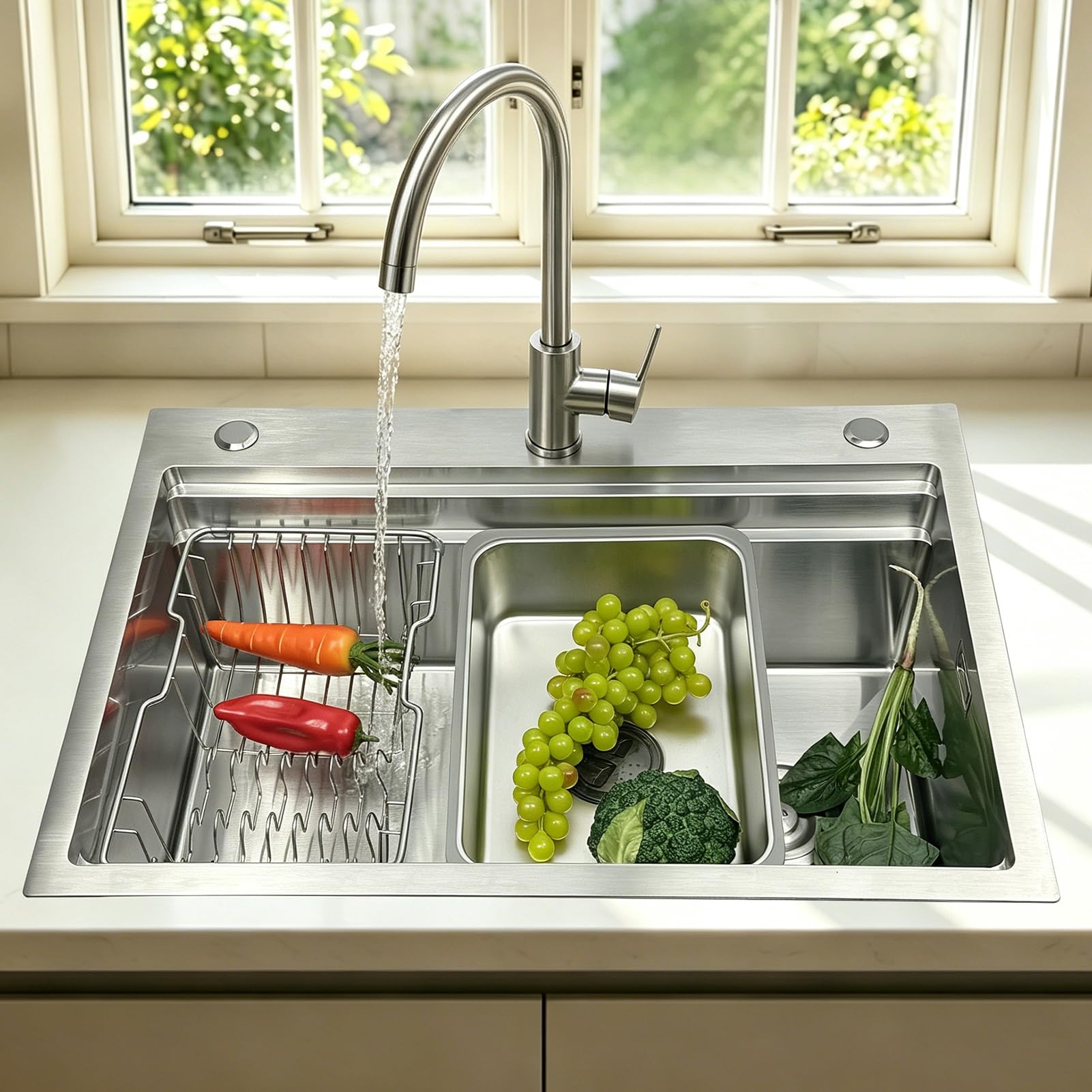 Lavello da cucina in acciaio inox 304, 85 x 50 cm, lavello da incasso, 1 vasca con sgocciolatoio, lavello multifunzione con cestello sgocciolatoio, sifone, set di scarico e troppopieno, lavello