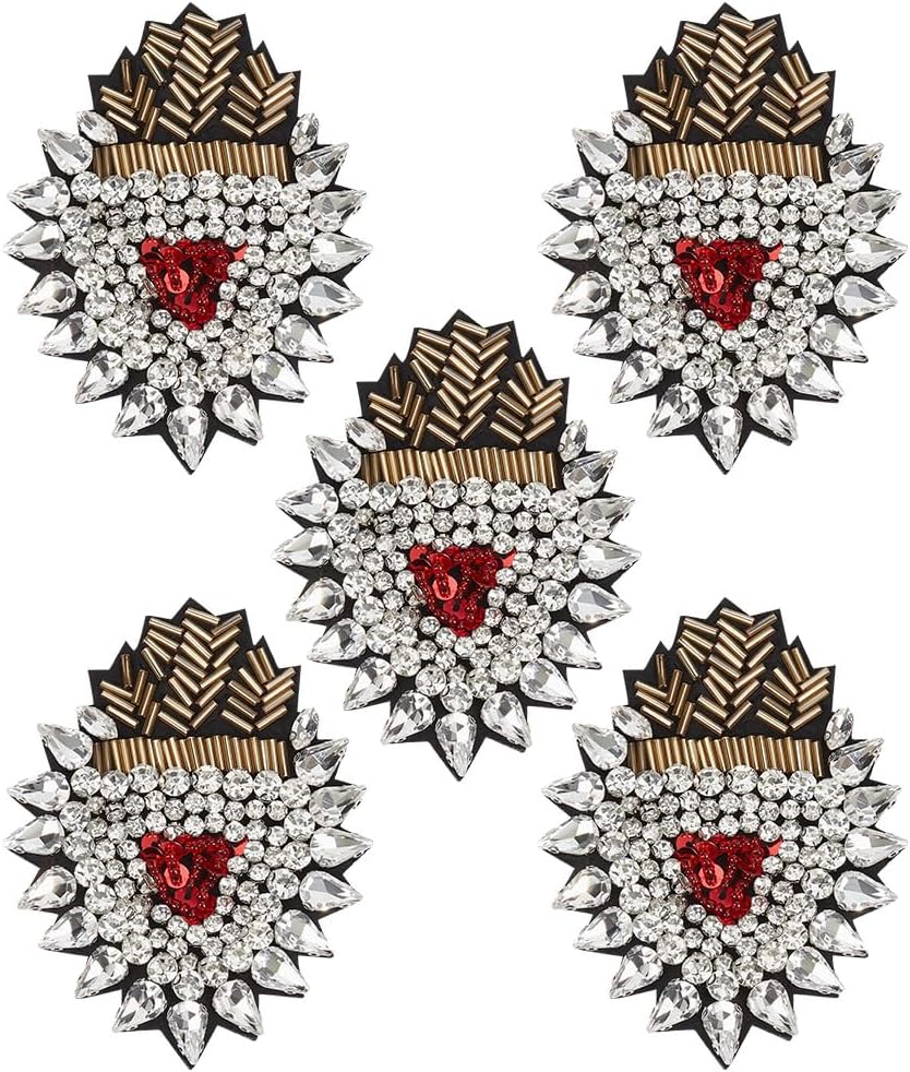 FINGERINSPIRE 5 Pcs Love Heart Beaded Rhinestone Patches 3.8Inch Sew On Cristal Rhinestone Fabric Patches Heart Crystal Embroidery Patch with Golden Tube for Jeans Jackets Clothing Handbag Shoes