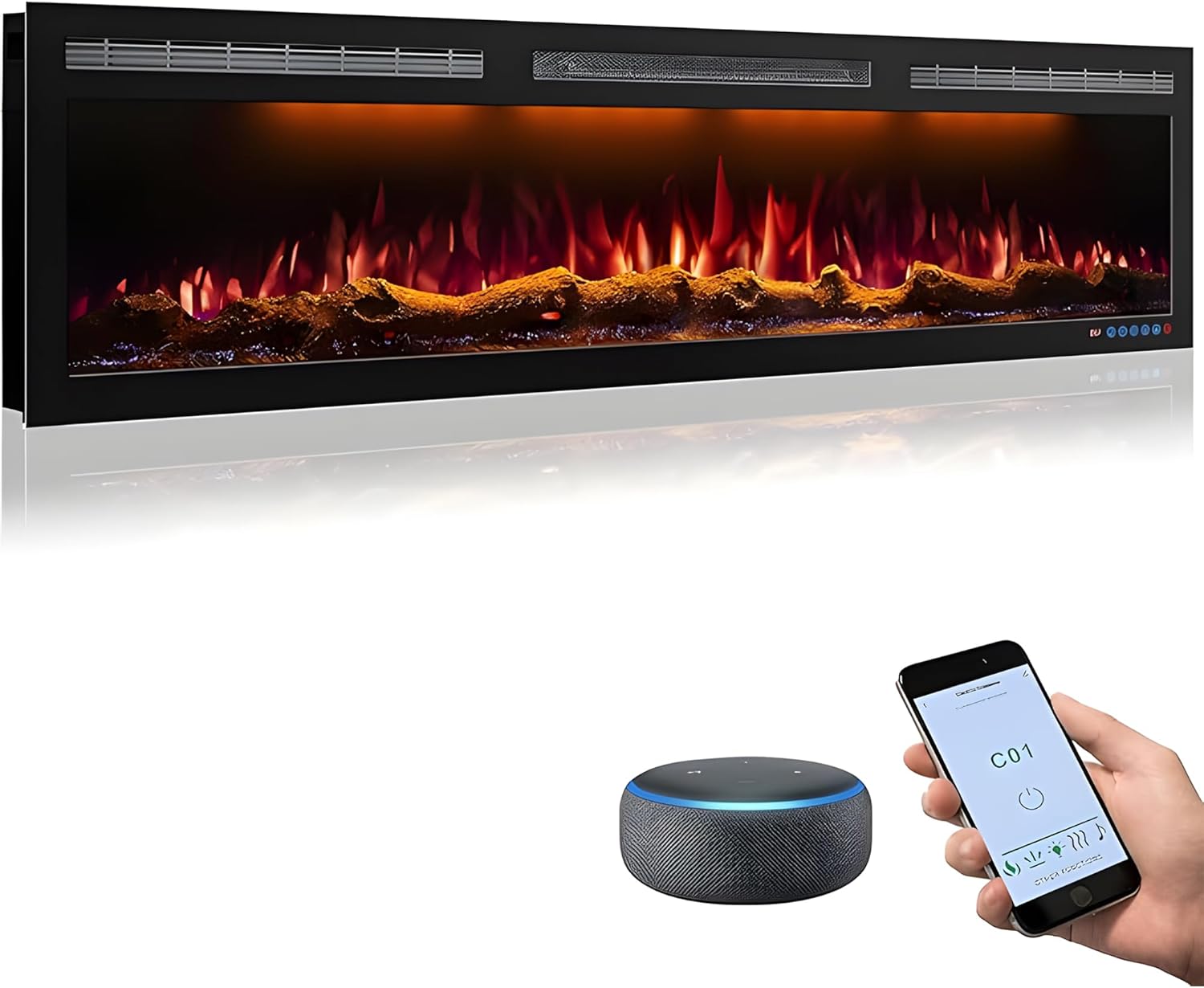 60 Inch WiFi Electric Fireplace Heater, Recessed or Wall Mounted, Ultra‑Slim 5.51" Deep, 750/1500W, 6 Flame Colors & 13 Ember Bed Colors,Remote & App Control, Alexa & Google Home