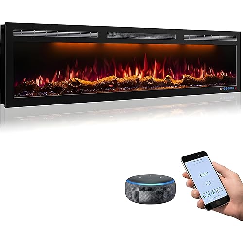 WiFi-Enabled Electric Fireplace Recessed & Wall Mounted, 60 Inch Slim Electric Fireplace Heater, 750/1500w, Adjustable Flame Color, Remote Control & Touch Screen, Logs & Crystals, Black