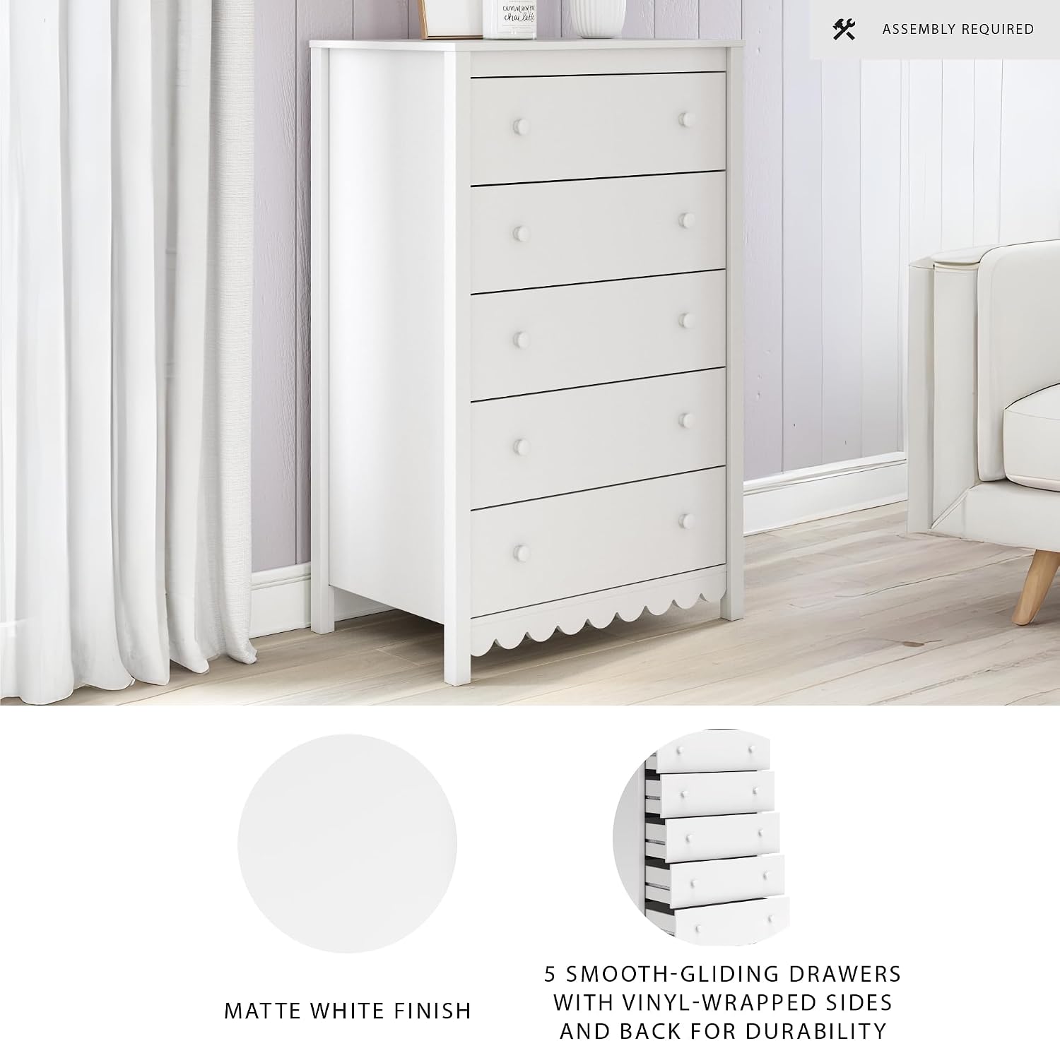 Signature Design by Ashley Hallityn Tall White Chest of Drawers, 5 Drawer | Matte white engineered wood, Coastal farmhouse style 5-drawer chest, Space-saving tall design meets ASTM stability standards