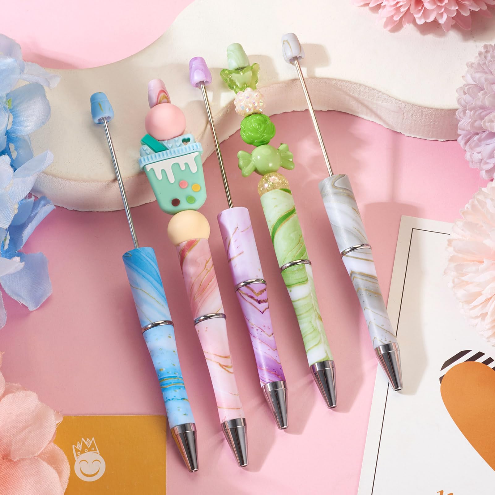 Cheriswelry 5Pcs Marble Pattern Plastic Ball-Point Pen Mixed Color Beadable Pen Beaded Pen for DIY Personalized Pen with Jewelry Beads - Image 3