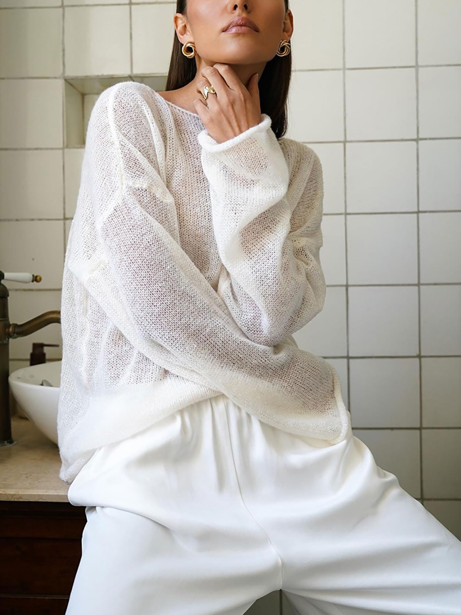 Maglione In Maglia A Rete Trasparente Da Donna, Maglioni Oversize Leggero E Trasparente, Maglione Casual A Maniche Lunghe Con Motivo Traforato