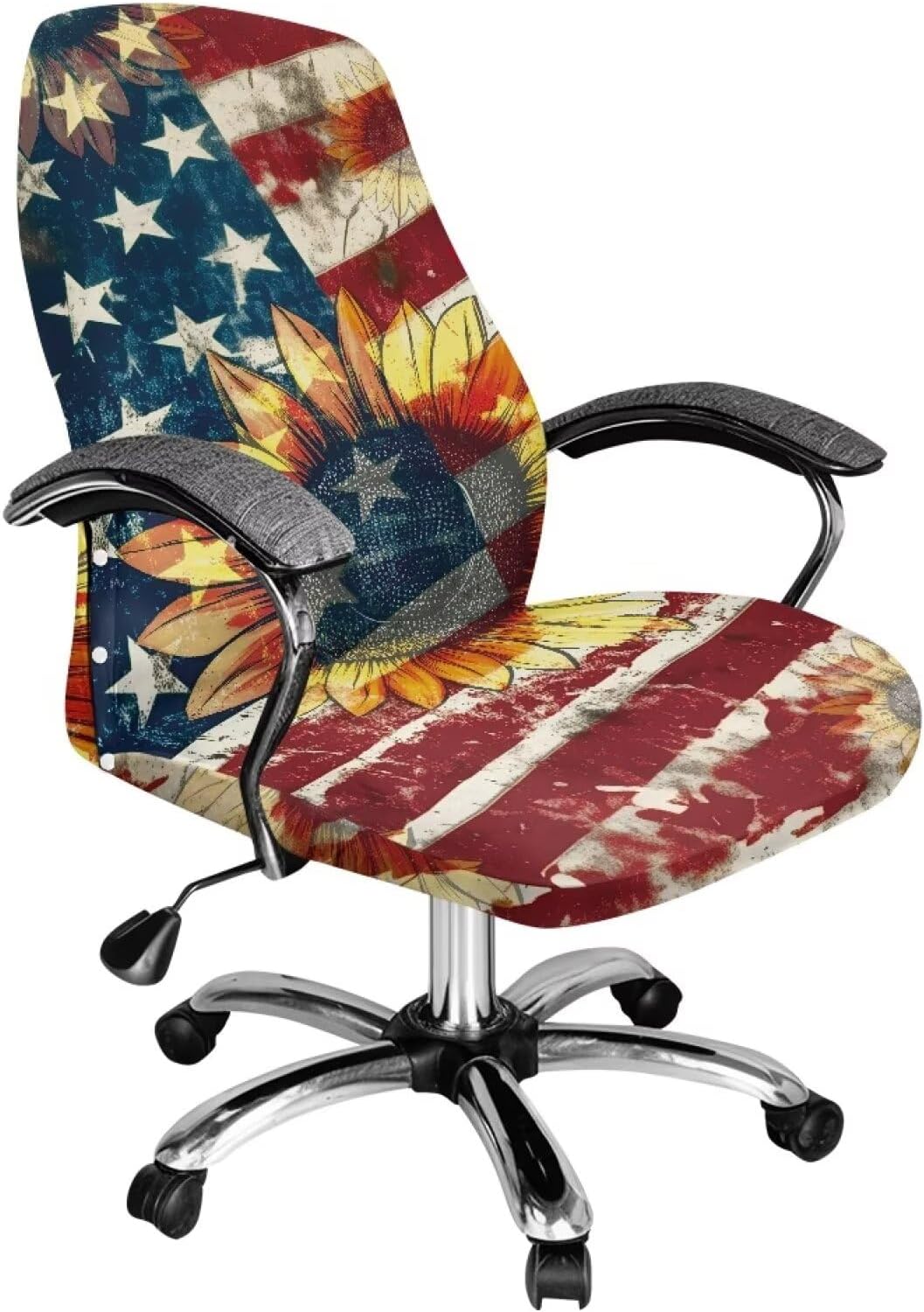 Sunflower American Flag Office Computer Chair Covers Stretchable Rotating Chair Cover Removable Armless Dining Chair Covers Washable Rotating Chair Protective Slipcover-L