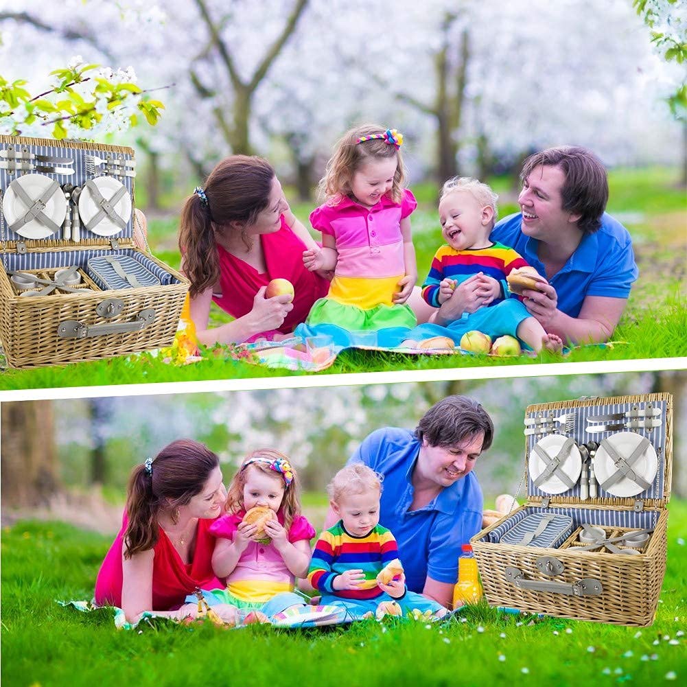 Juego de Cestas de Picnic para 4 Personas con Bolsa de Forro Aislante Grande Cesta de Picnic, Bolsa de Picnic portátil con Tapa Suministros de Picnic para Acampar al Aire Libre-B