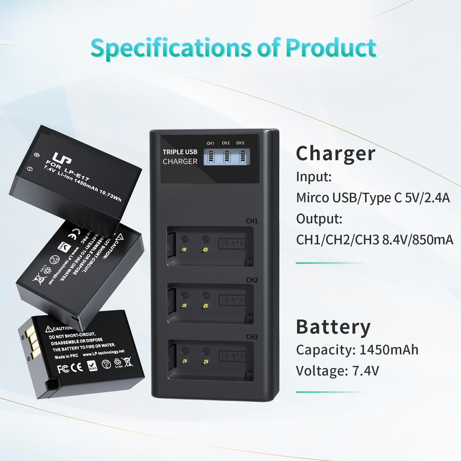 LP LP-E17 Batteria e Caricabatterie 3-Pack 1450mAh Batteria Tripla Slot Charger