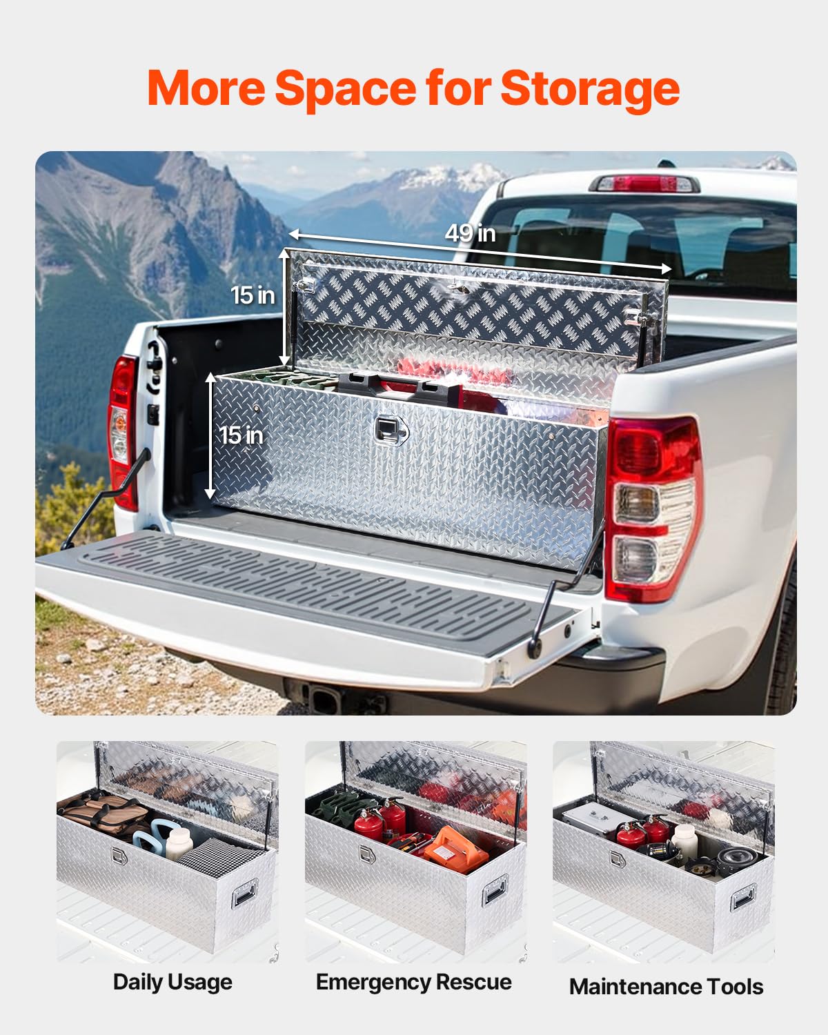 VEVOR Cassetta Portautensili in Alluminio per Cassone di Camion, con Piastra Diamantata, Maniglia Laterale e Chiavi di Blocco, Organizzatore per Rimorchi, Camper, 1244,6 x 381 x 381 mm, Argento