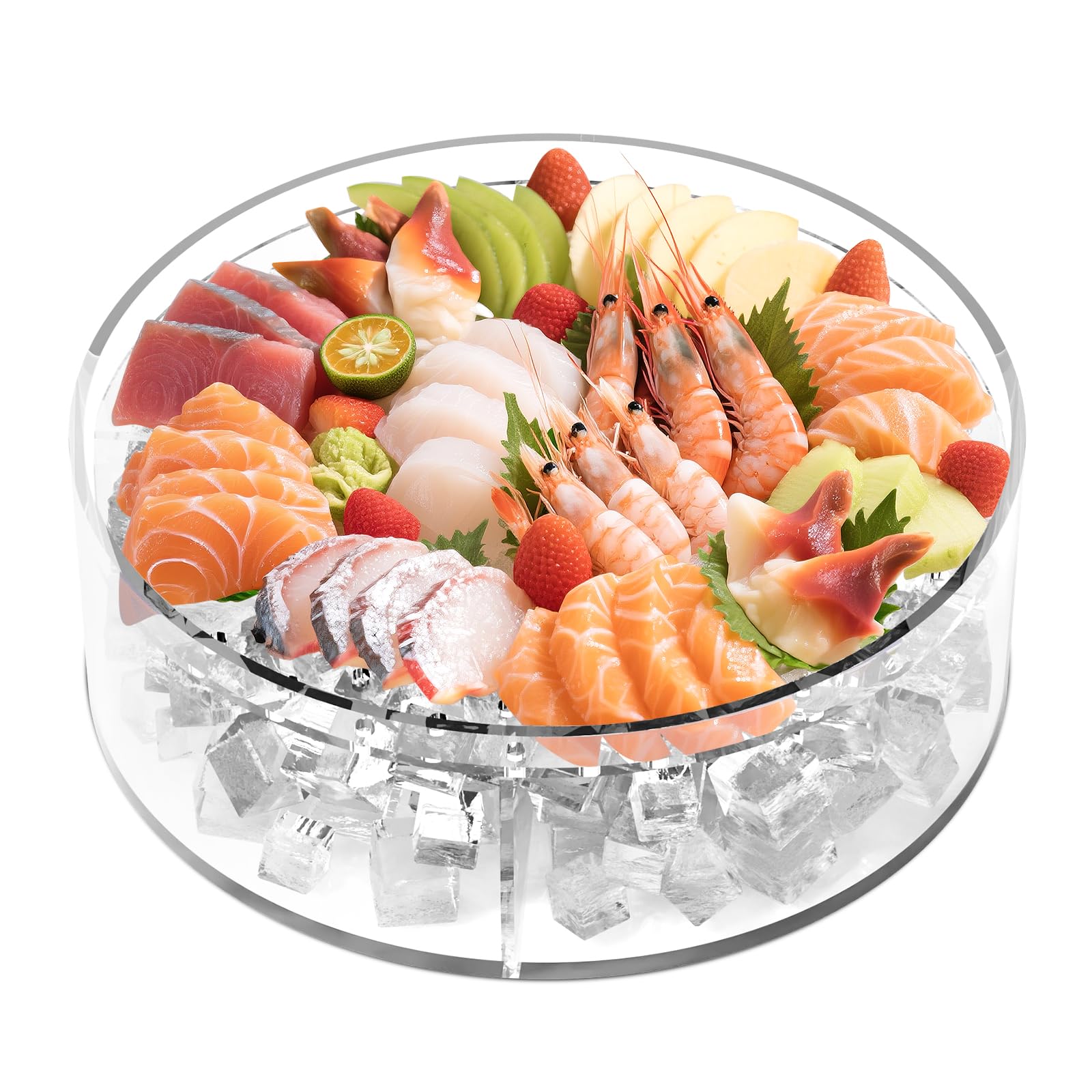Ice Chilled Serving Tray with Ice Underneath, Shrimp Cocktail Serving Dish with Ice Tray, Acrylic Cold Food Fruit Buffet Server Platter for Party Keep Food Fresh