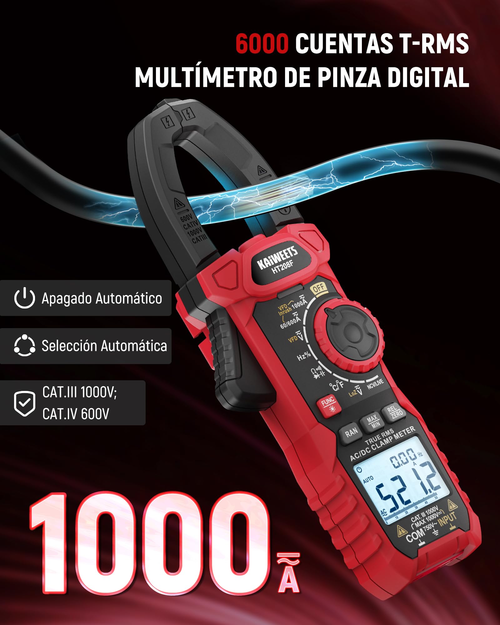 Pinza Amperimétrica KAIWEETS 1000A CA/CC, Pinza Amperimetrica De Conteo HT208F 6000, Modo Vfd y Loz, Pantalla Mejorada en Blanco y Negro, AC/DC, Resistencia, Capacitancia, Medición De Sobrecorriente