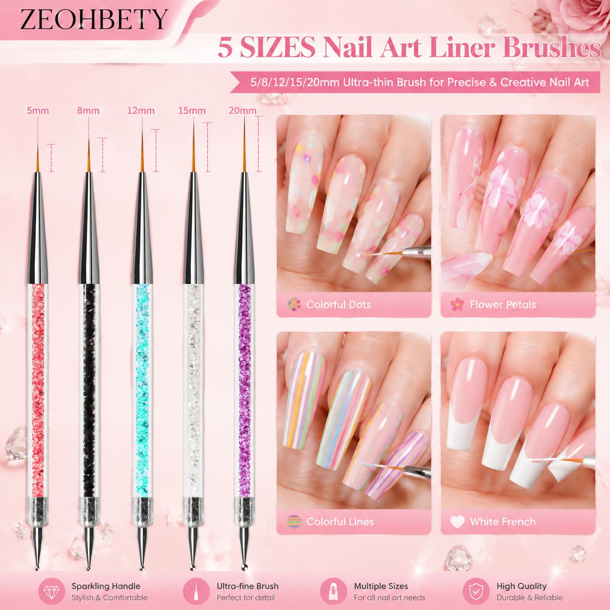 Pinceles para Arte de Uñas, 5 Piezas de Pinceles Delineadores, Herramientas de Punteado, Juego de Pinceles para Diseño de Uñas – Ideales para Líneas Largas, Tamaños 5/8/12/15/20mm