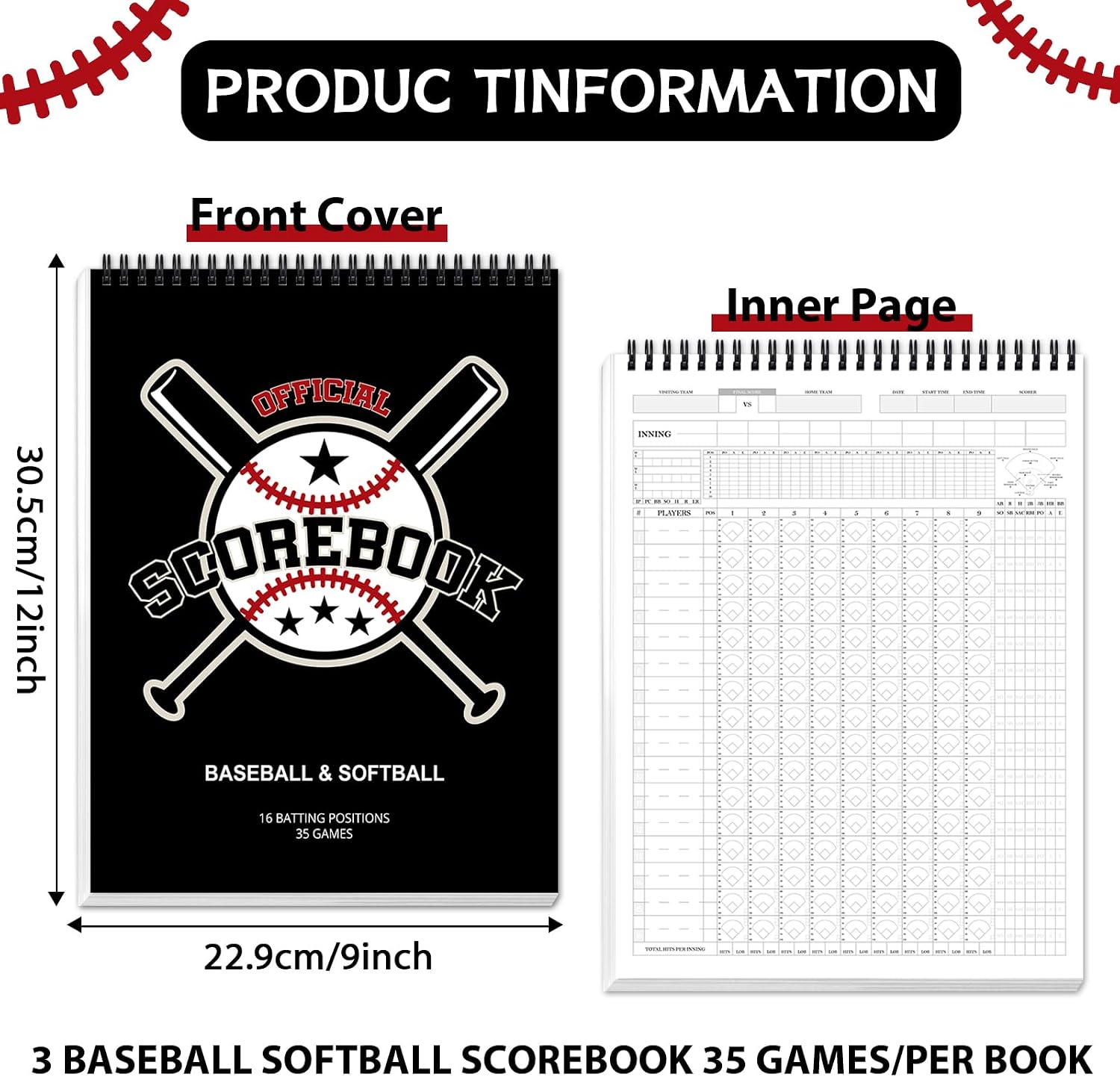 gisgfim Baseball Softball Scorebook 9x12 Inch Score Keeping Book for Stats Score Book Baseball Softball Coaching Accessories for Announcers Adult Youth Little League Scorekeepers 35 Games
