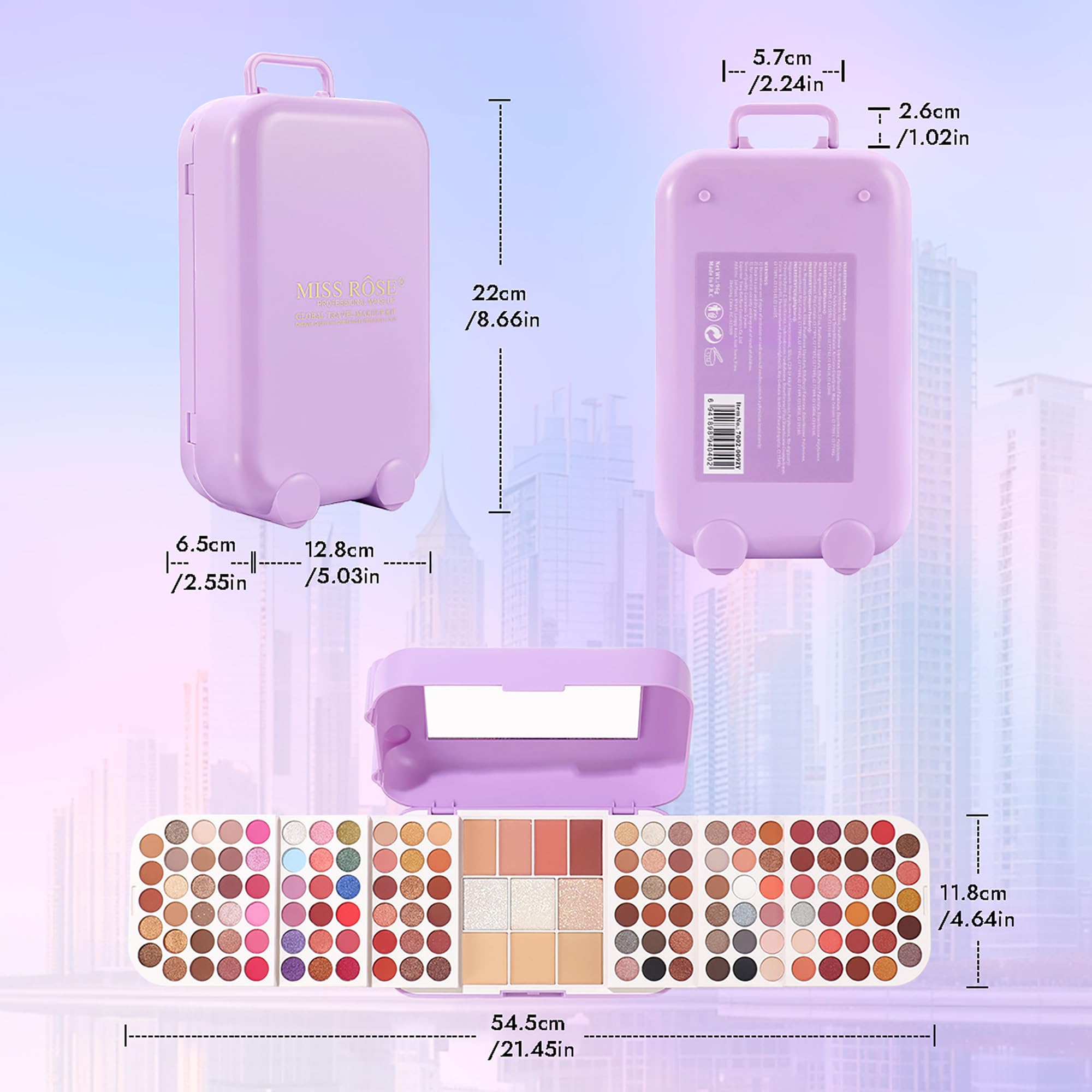 Valigetta per il trucco all-in-one con set professionale per adolescenti, kit completo di cosmetici con custodia treno, palette di ombretti, fard, cipria, evidenziatori, specchio
