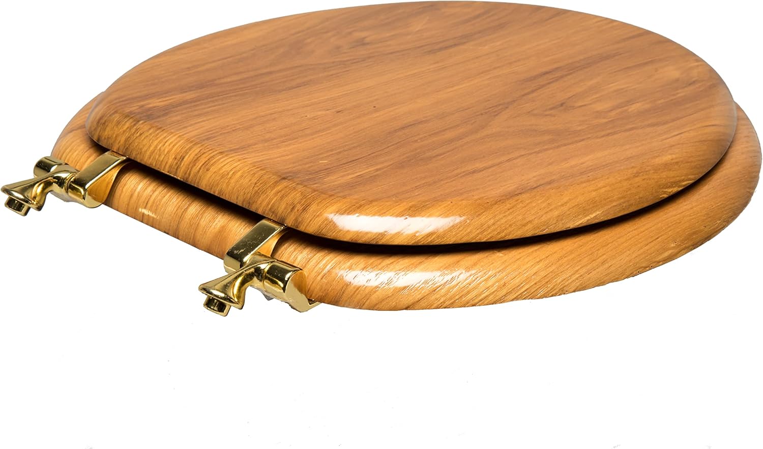 5Q1R4-17BR Natural Wood Toilet Seat with Decorative Finish Wood and Metal Single Post Hinge, Round, Light Oak with Polished Brass