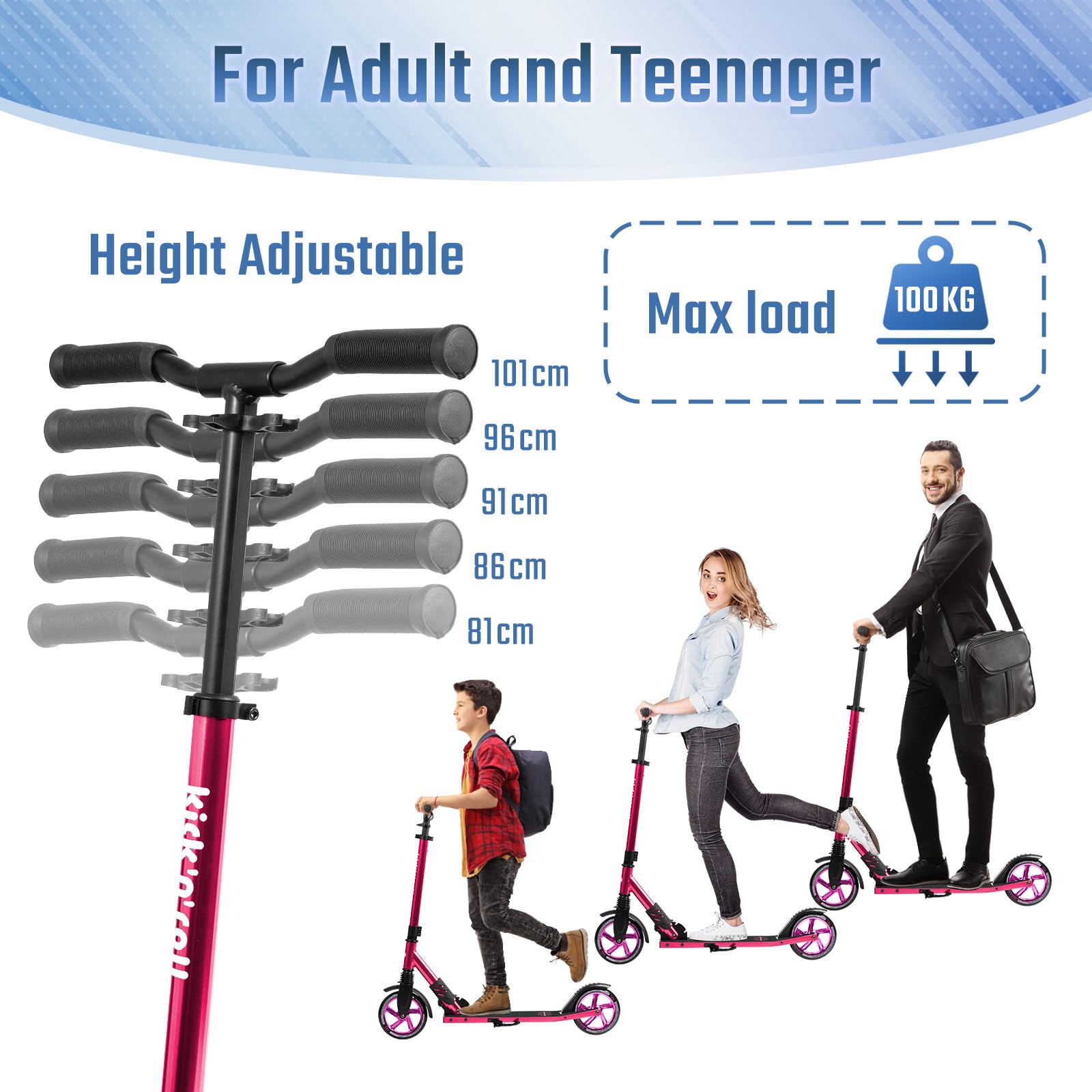 Leogreen Trottinette Scooter Pliable Trottinette Stableen Aluminium | Hauteur de Guidon Réglable, avec Béquill, Roues à 180 mm, pour Adultes et Adolescents à 100kg