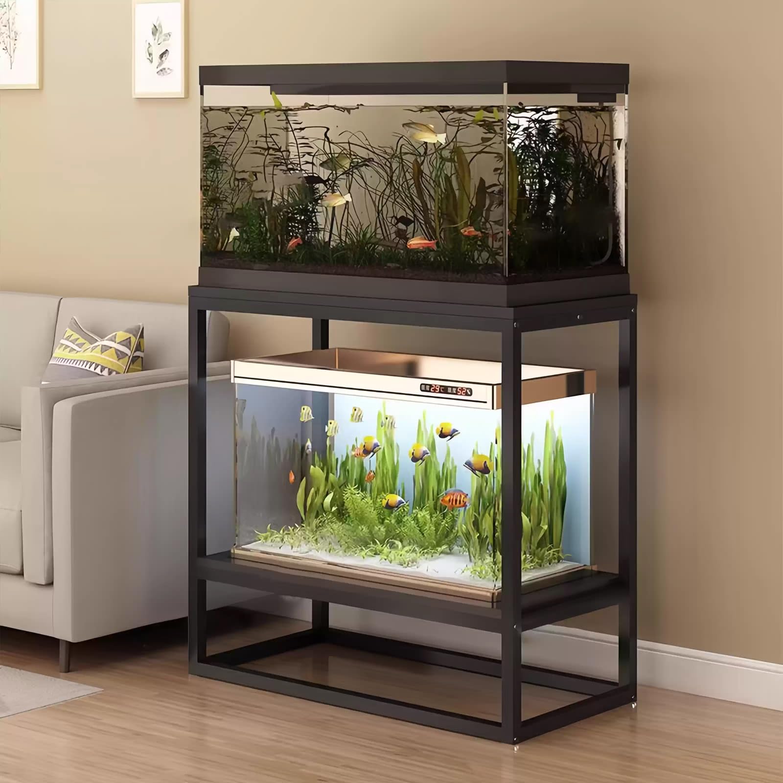 Carbon Steel Double-Tier Fish Tank Stand,Storage Fish Tank Cabinet,Minimalist Style,Suitable For Home Living Rooms And Offices(Black,35.4x19.7x31.5in)