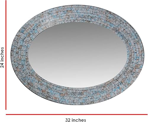 Miniatura 3 de Zorigs Espejo decorativo para pared  Espejo de pared decorativo hecho a mano plateado azul Sharpie y marrón espejo ovalado de 32 x 24 pulgadas para