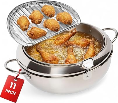 Alpha Living SDF-04 Deep Fryer Pot 11-Inch Stainless Steel Frying Pot with Oil Thermometer Ideal for Deep Frying Chicken, Fries, Mini Donuts, Tempura & More Frying Pan for Home Use