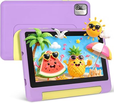 7 Zoll Kinder Tablet mit Hülle, Android Tablet für Kinder, 8GB+64GB(128GB TF Expand), 1024×600 HD Display, WiFi 6, BT5.2, Dual Kamera Android Tablets (Lila)