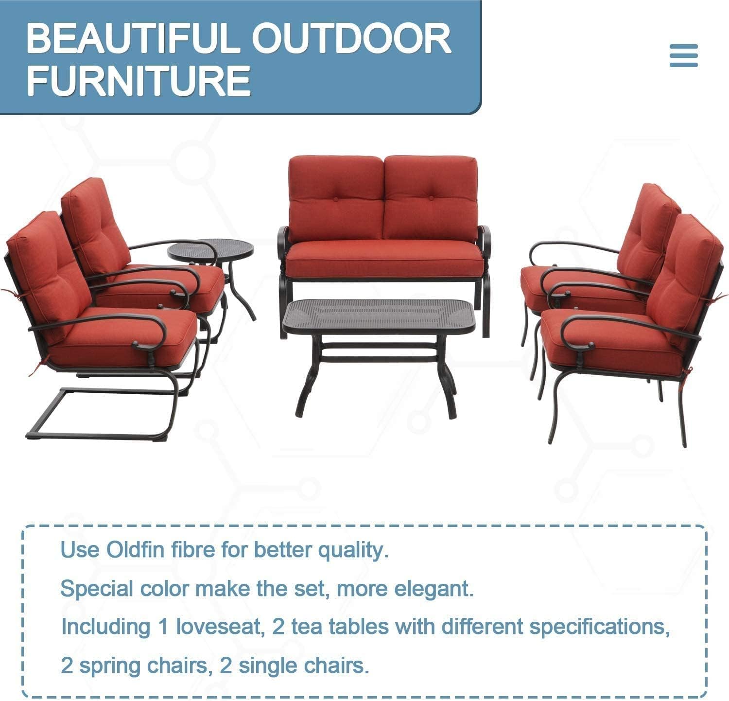 7 Pcs Outdoor Metal Furniture Set Patio Conversation Set, Loveseat, 2 Patio Dining Chairs, 2 Spring Chairs and 2 Coffee Tables with Red Cushions