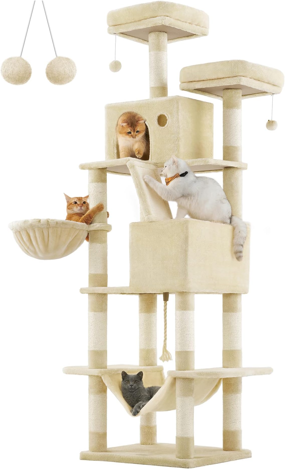 FEANDREACat Tree, 206 cm Large Cat Tower with 13 Scratching Posts, 1 Scratching Ramp, 2 Perches, 2 Caves, Basket, Hammock, Pompoms, Multi-Level Plush Cat Condo for Indoor Cats, Beige PCT190M01