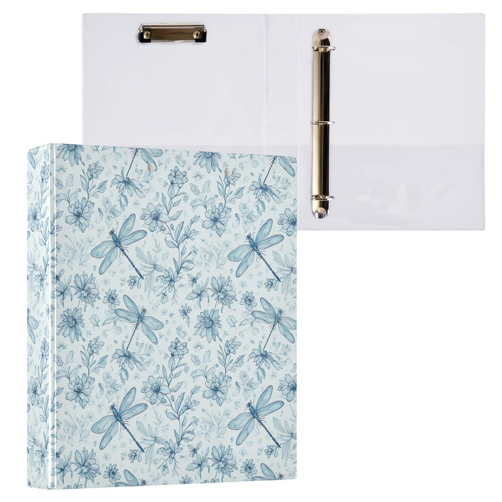 Raccoglitore a 3 anelli blu con motivo libellule e fiori, 3,8 cm, con portablocco a D e 3 raccoglitori per scuola, università, ufficio (confezione da 2)