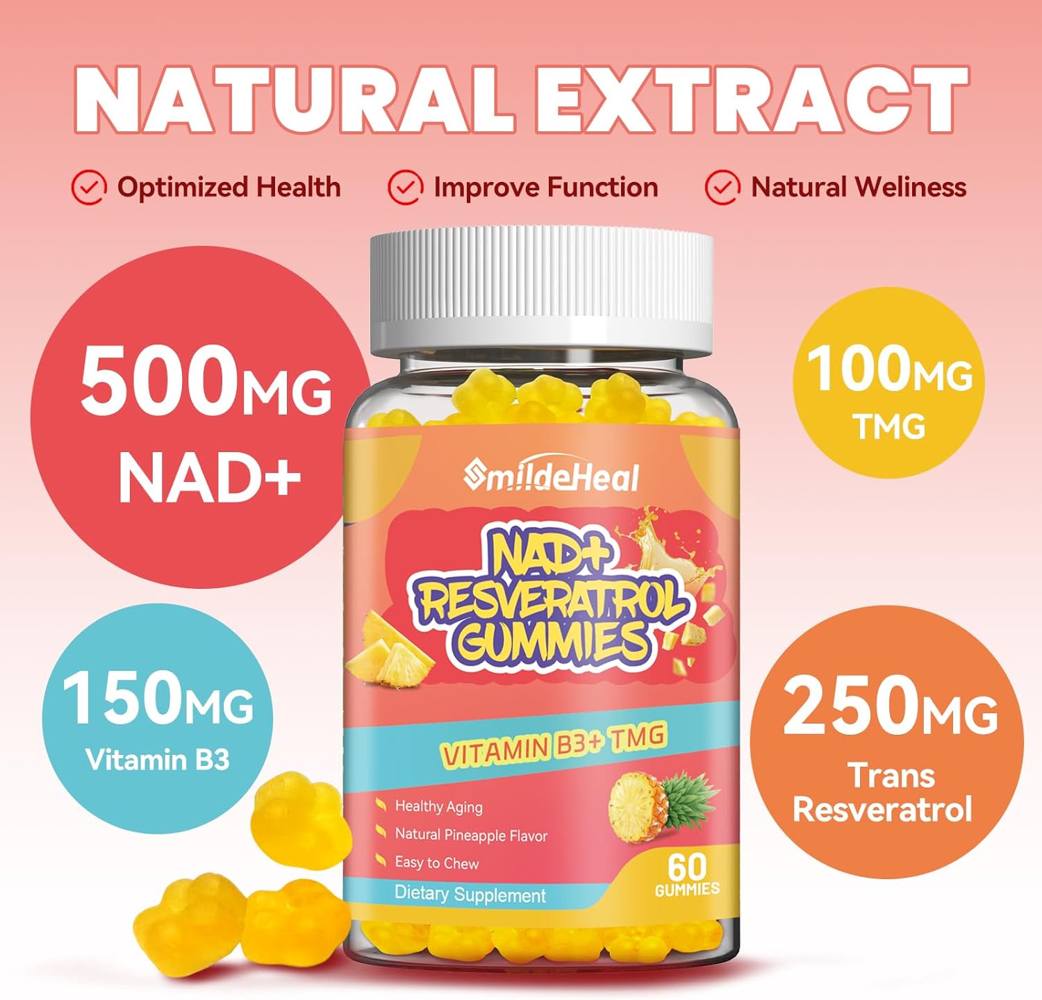 NAD+ Resveratrol Gummies NAD+ Supplement 500mg with Vitamin B3 & TMG – Healthy Aging, Energy & Cellular Health Support – Vegan Friendly, Natural Pectin – 60 Gummies, 30-Day Supply - Image 6