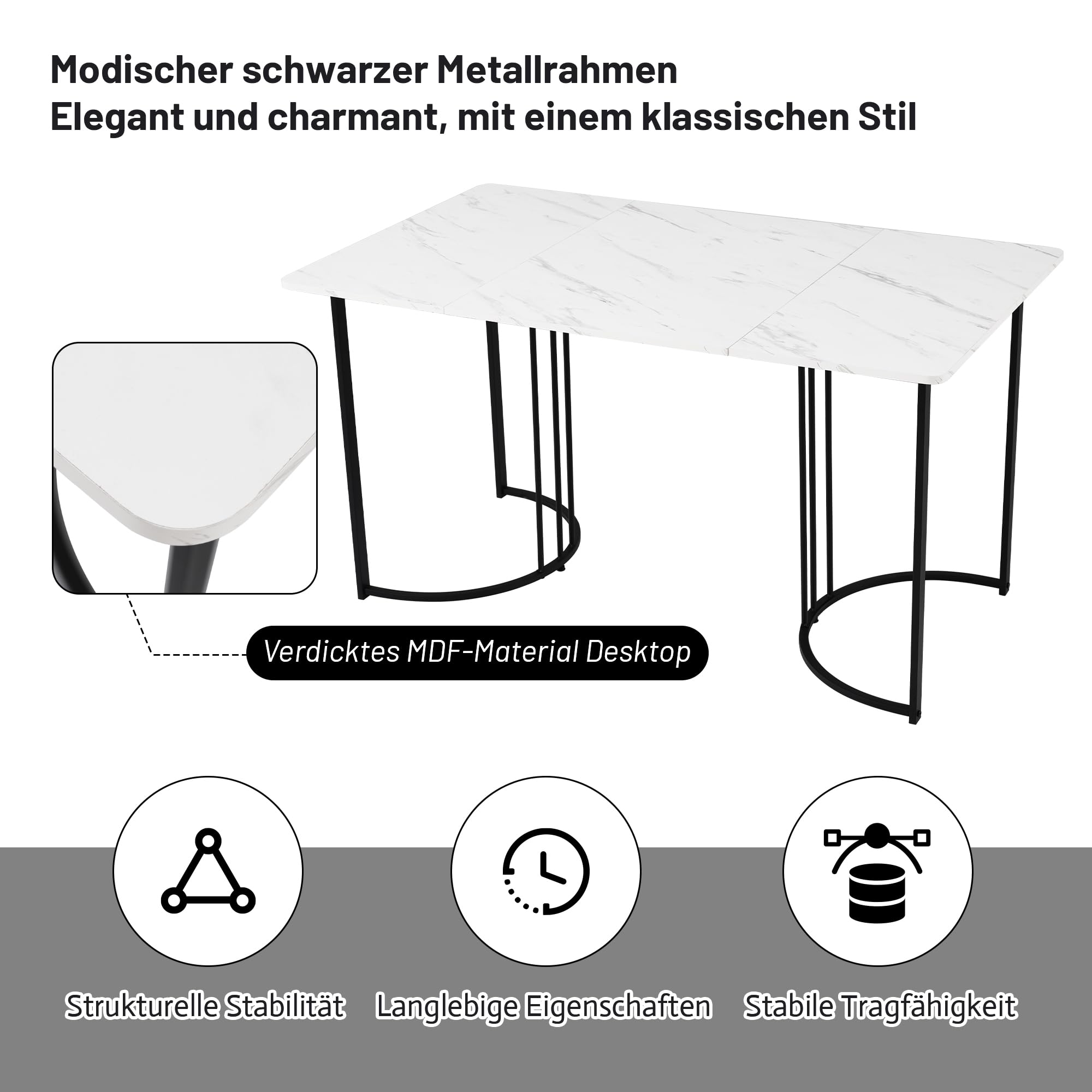 140×80cm Juego de mesa de comedor de 5 piezas con 4 sillas tapizadas de terciopelo, mesas de cocina rectangulares con patas negras, estructura de metal y tablero de mármol, Beige