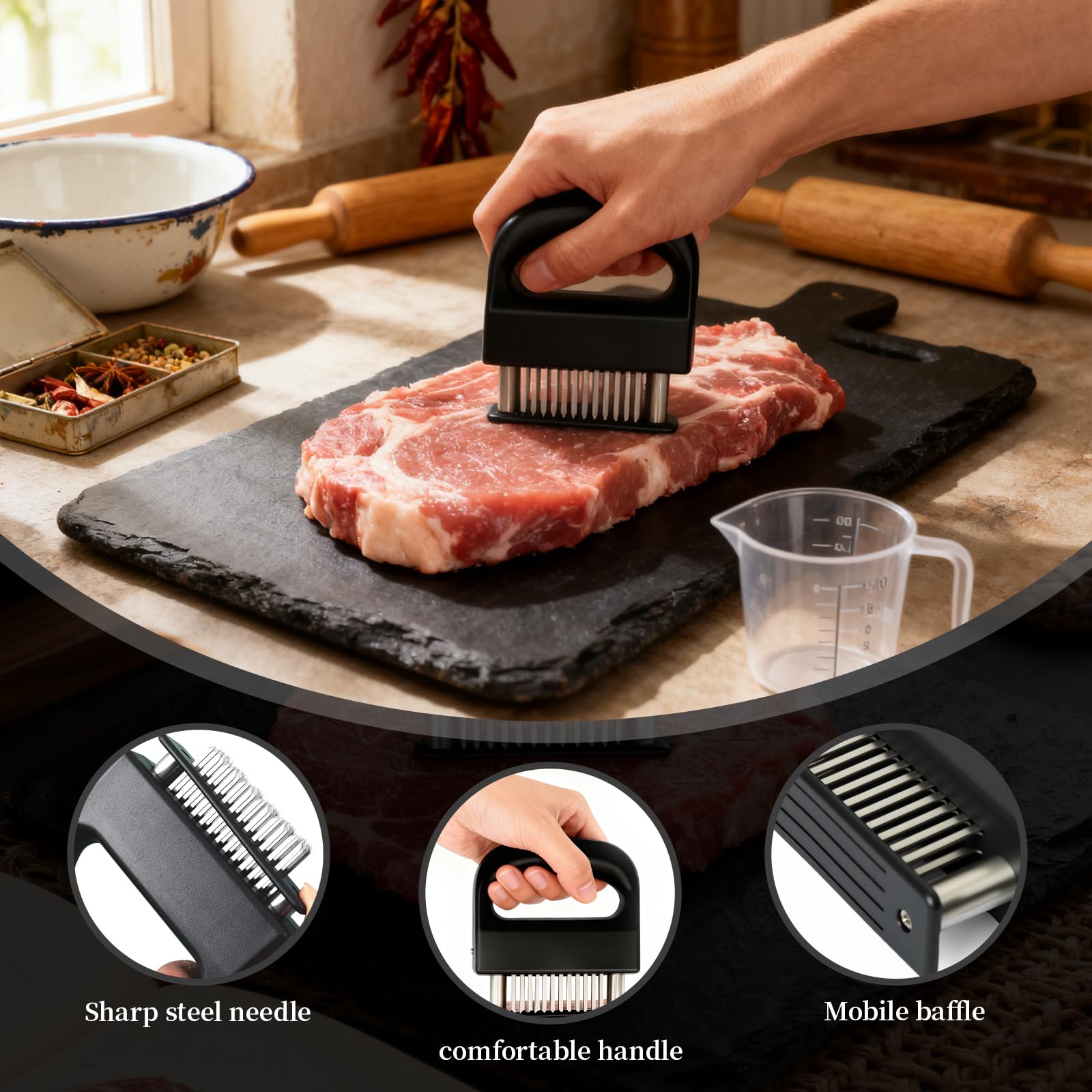 Juego Combinado de Ablandador de Carne y Aguja para Cebolla, 2 Piezas, Ablandador de Carne de Acero Inoxidable de 48 Pines, Utensilio de Cocina Multiusos para Carne de Res y Carne