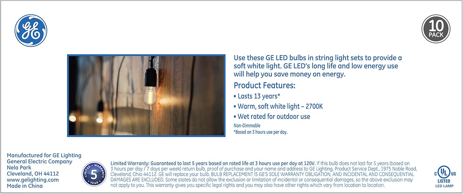 GE LED String Light Bulb Replacements, Soft White, S14 Bulbs, Clear, Medium Base (10 Pack)