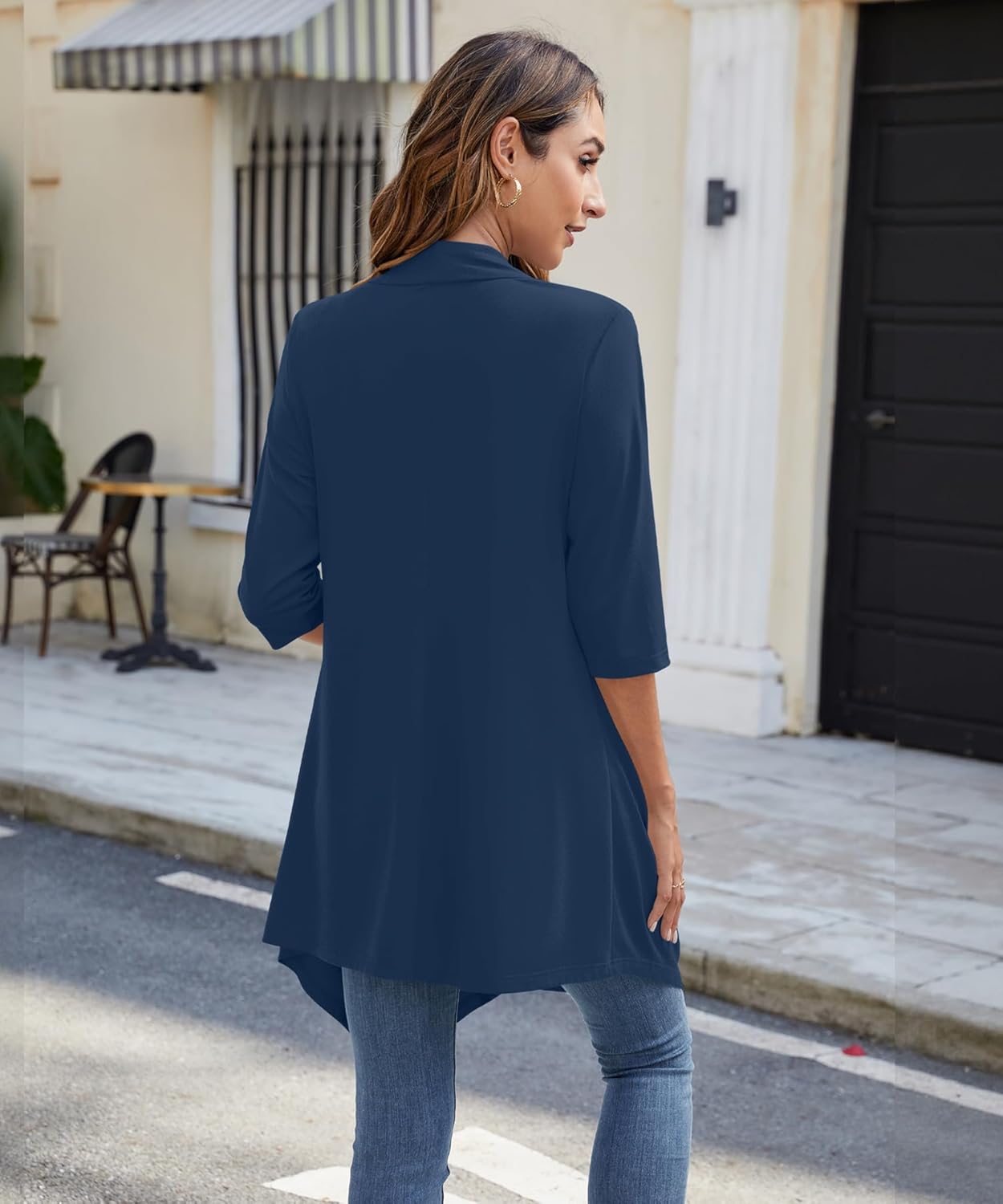 Women's Open Front Cardigan Lightweight Soft Knit 3/4 Sleeve High-Low Draped Hem Loose Casual Duster - Image 3