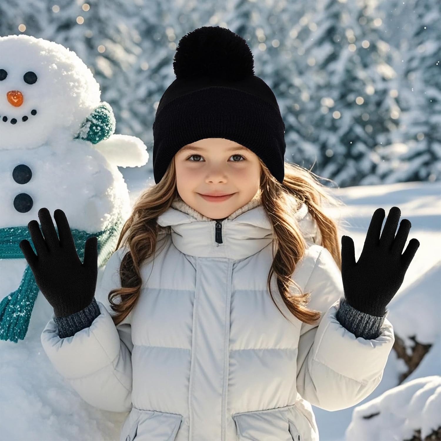 Kids Winter Beanie Hat and Gloves Set for Boys Girls, Knit Hat Warm Gloves Unisex Cold Weather Cap Stretchy Glove