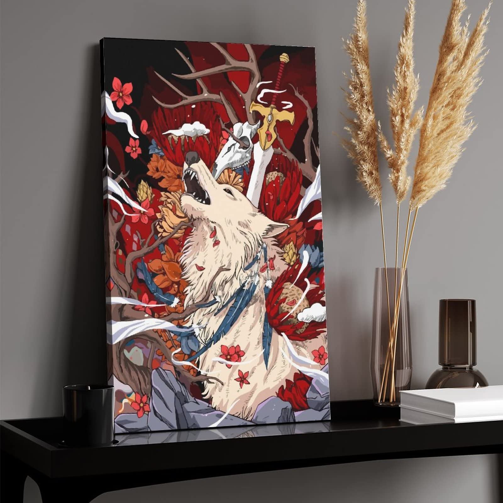 Amazon.co.jp: キャンバス絵画 狼 花 剣 和風 和柄 浮世絵 アート