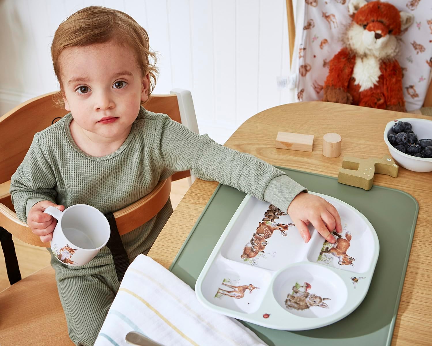 Royal Worcester Wrendale Designs Little Wren Tray & Bowl Set - Kids Tableware with 4-Section Lunch Tray & Handled Bowl, Featuring Baby Animal Artwork on Durable Melamine - Dishwasher Safe
