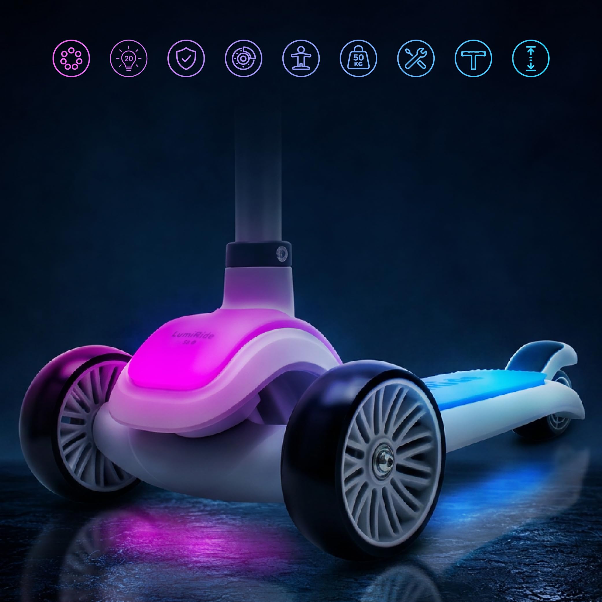 LUMI RIDE Monopattino bambino 3 anni Balance Tre Ruote LED, Pieghevole, Manubrio Regolabile, Freno a Pedale, Pedana Antiscivolo, Manubrio Removibile