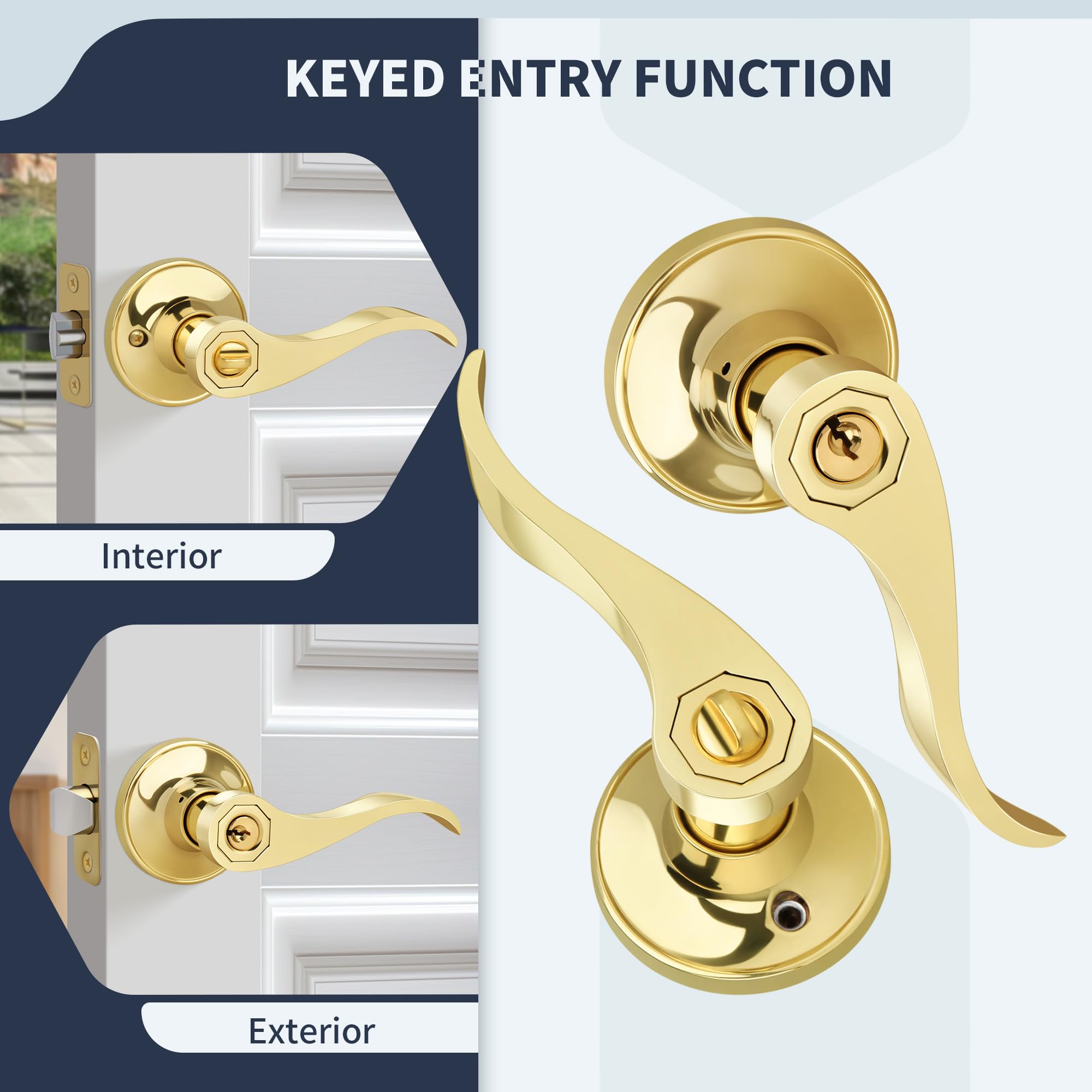 Manija de puerta estilo onda, manija de puerta de entrada con llave y cerradura, manija de entrada dorada reversible para zurdos y diestros para puerta delantera o de oficina con acabado de