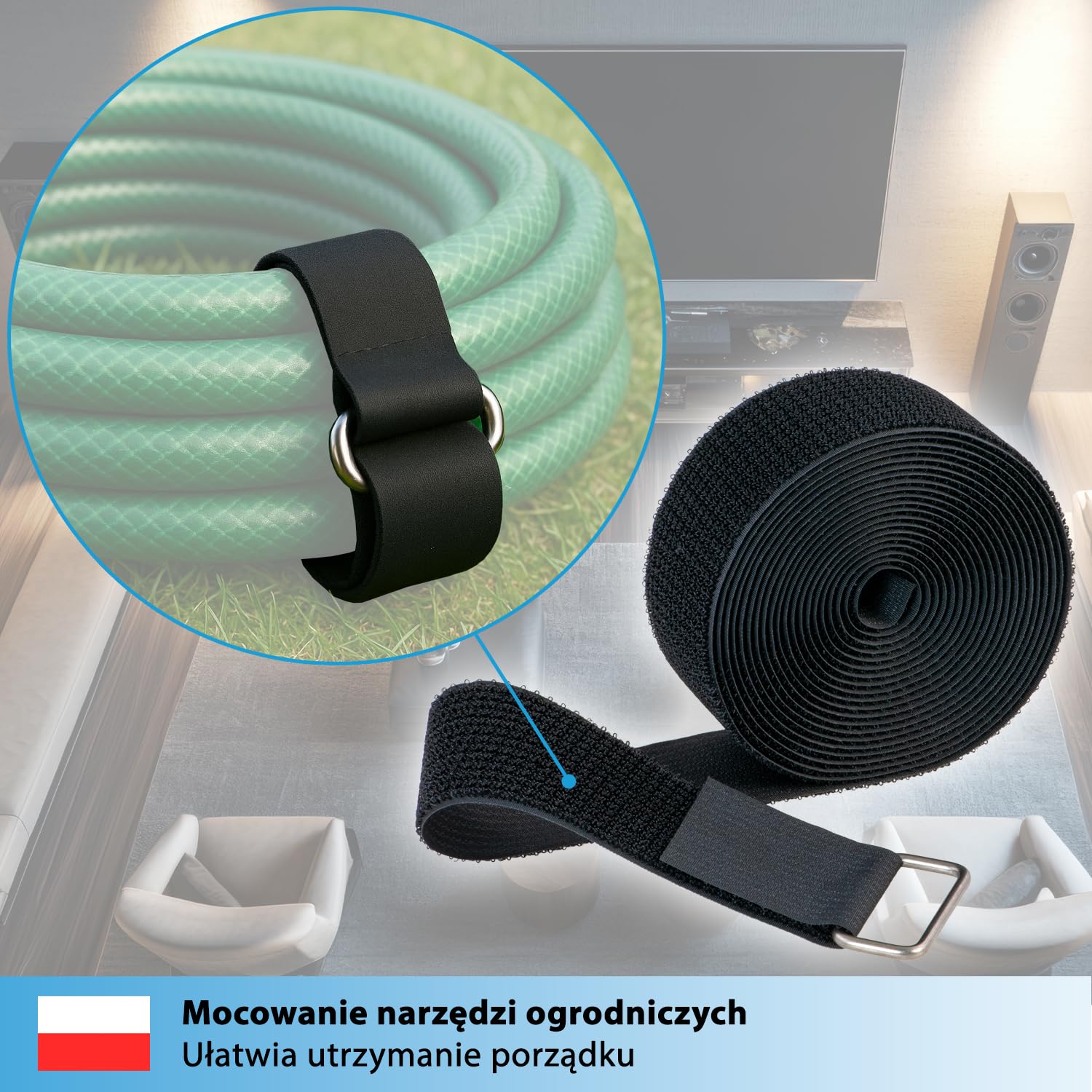 valonic SPARROW – mocna taśma rzepowa, 5 m, 50 mm, w zestawie 10 metalowych pierścieni, czarna, do porządkowania kabli, zapięcie rzepowe