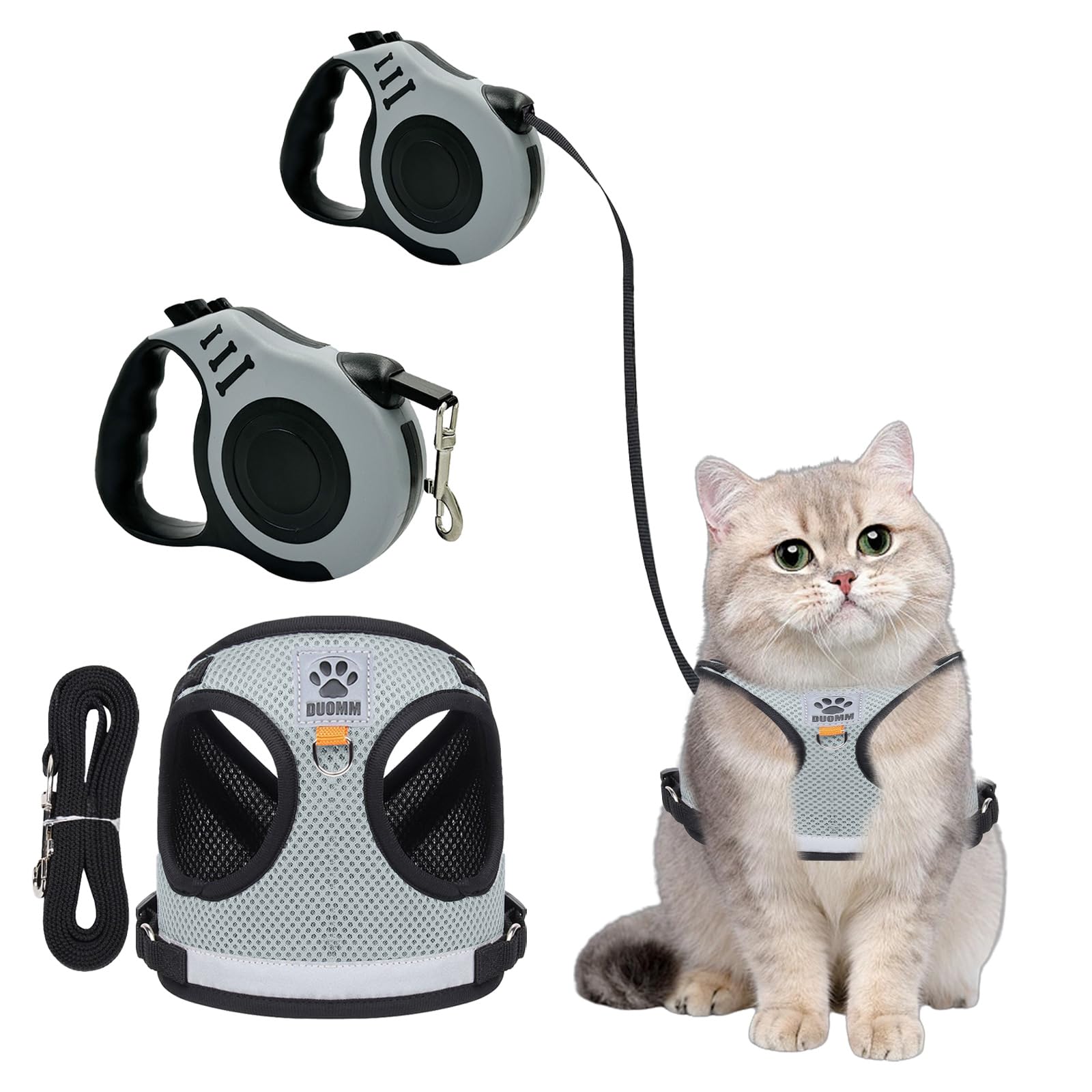 Cat Harness and Lead Set Extendable Retractable Cat Dog Lead 16.4 Ft / 5 M Long Line Dog Leads Reflective Adjustable Escape Proof Harness Vest (Grey