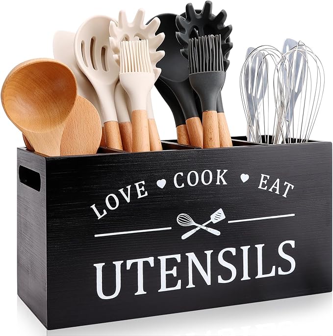 Black Farmhouse Utensil Holder for Kitchen Counter Extra Large Cooking Utensil Holder Caddy Utensils Storage Organizer for Countertop Rustic Wood Kitchen Tool Decor Utensil Crock Spatula Holder