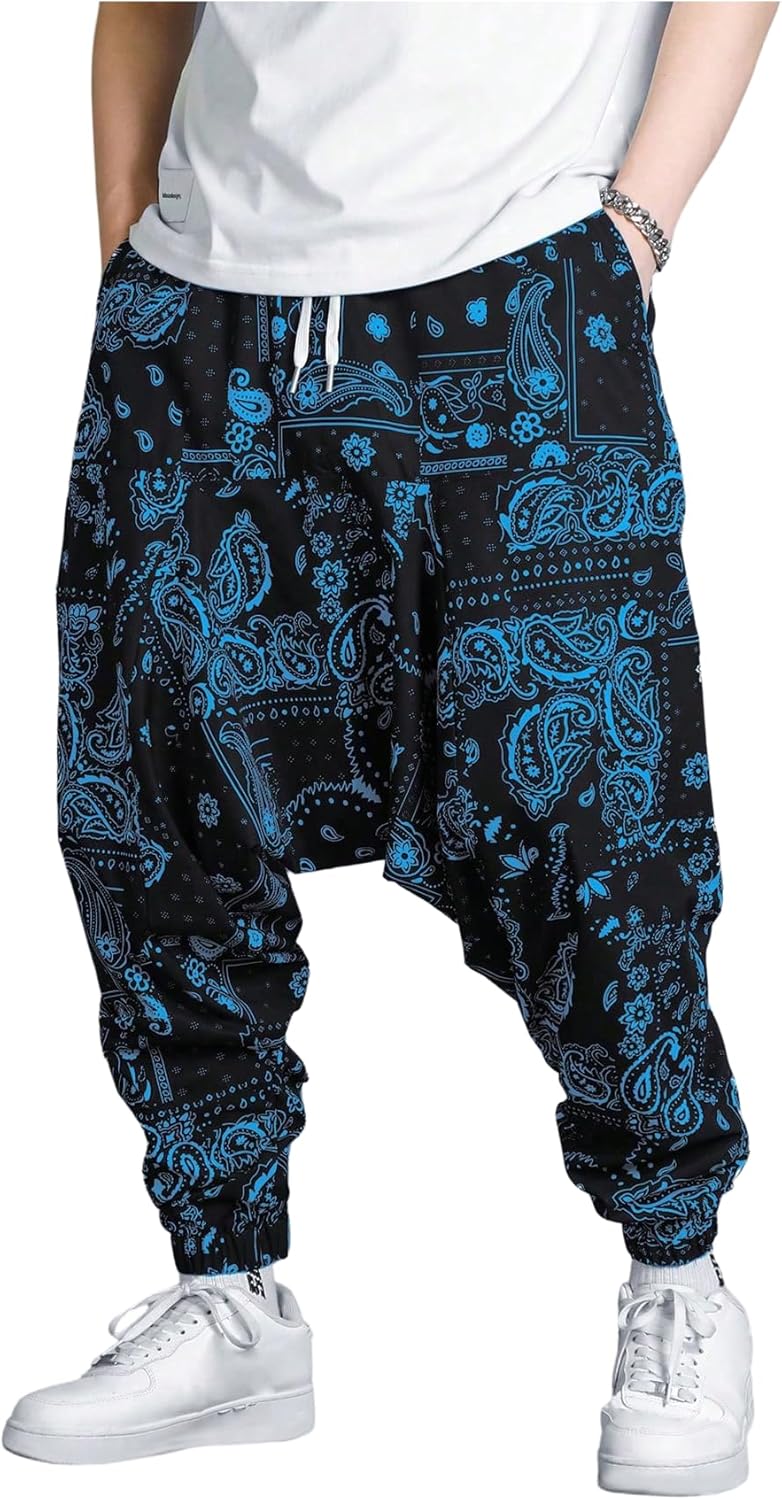 Men's Color Block Patchwork Baggy Harem Pants Drawstring Elastic Waist Hippie Pants with Pockets Streetwear