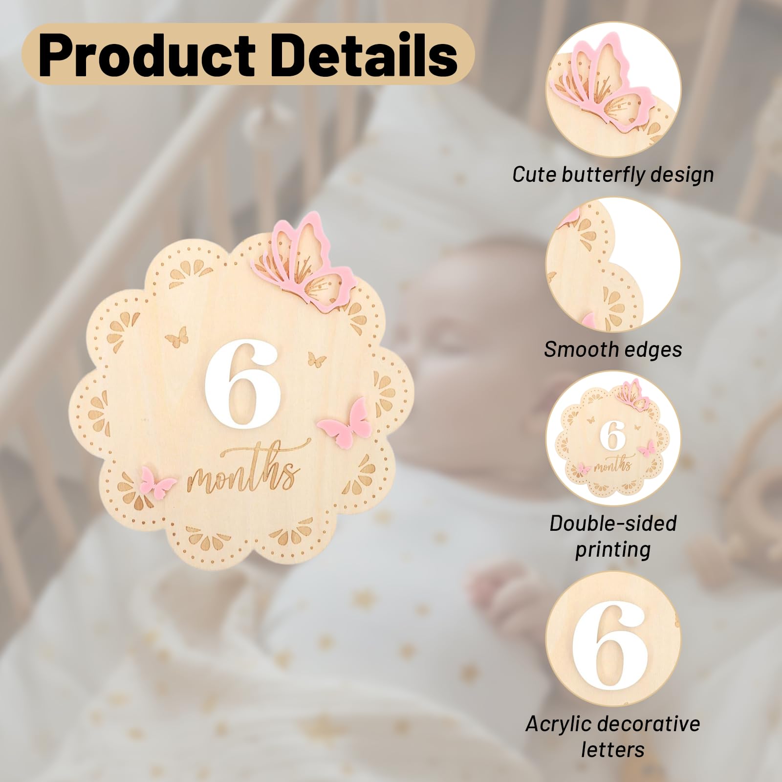 1 Baby Milestone Cards with Numbers, Wooden Baby Monthly Milestone Cards, Butterfly Design, 10 Adhesives Included - Image 3