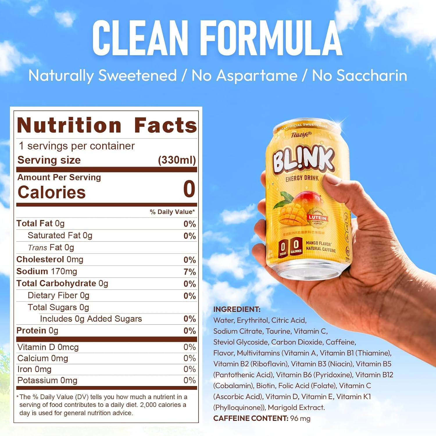 NÜLIFE Sugar Free Energy Drink, 96mg Natural Caffeine, BL!NK Lutein for Eye Support, Vitamin Enriched, Healthy Clean Energy No Artificial Sweetener, Mango Flavor, 11.16 Fl Oz (Pack of 12)