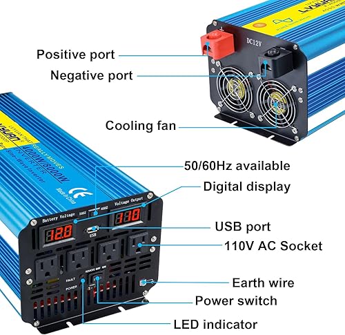 Miniatura 3 de Yinleader Inversor de corriente de onda sinusoidal pura de 4000 W, 12 V CC a CA 110 V-120 V, convertidor para vehículo familiar, RV, camión, sistema
