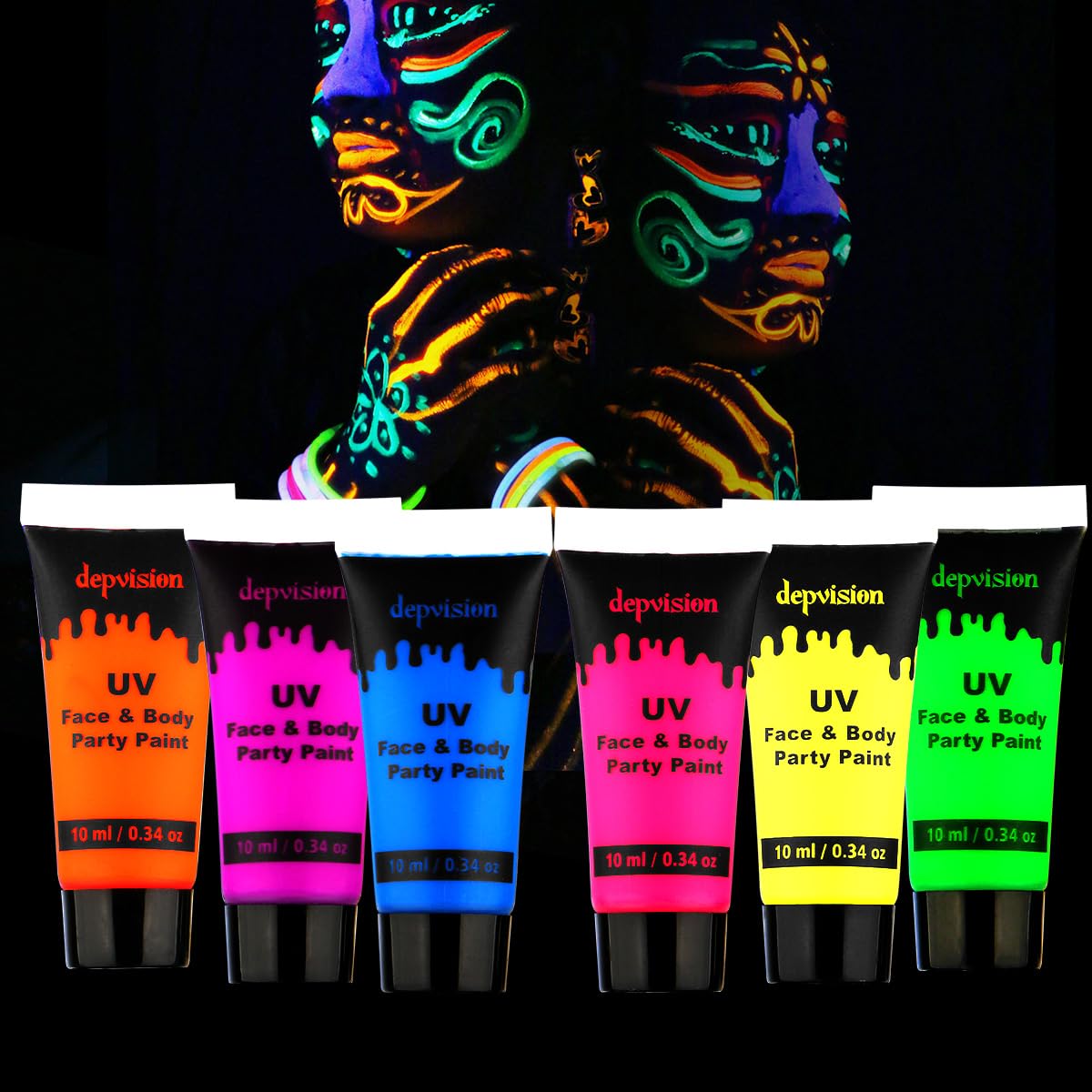 Depvision Glow in the Dark UV Face and Body Paint 6*10ml Neon Blacklight 0.34oz Reactive Fluorescent for Christmas Halloween Party Non-toxic Depvision Glow in the Dark UV Face and Body Paint 6*10ml Neon Blacklight 0.34oz Reactive Fluorescent for Christmas Halloween Party Non-toxic