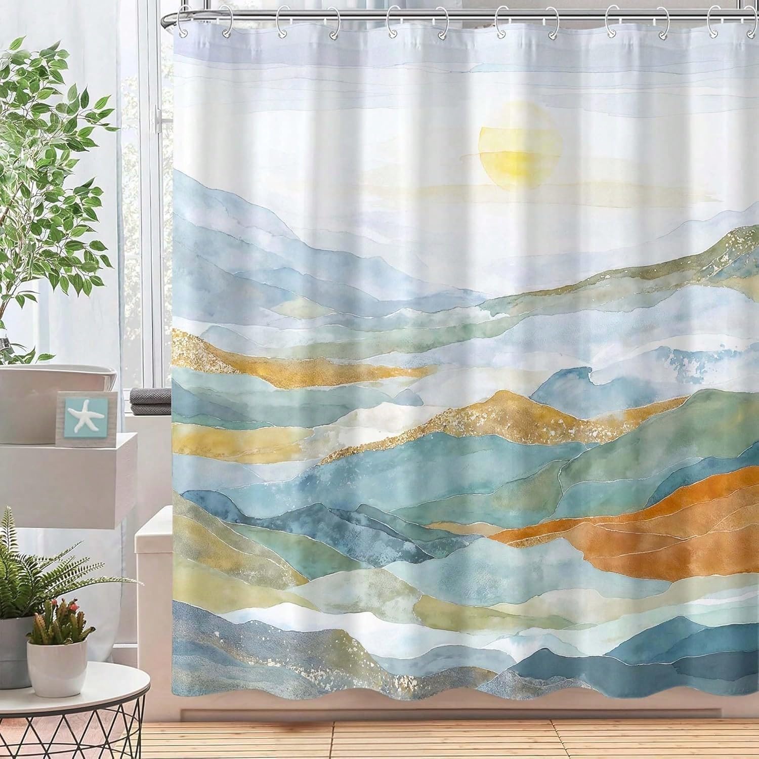 GLKSDLPO Abstract Mountain Shower Curtain, Vintage Colorful Boho Large Watercolor Sun Bath Curtain Wet Room Set(300x180cm/118x71in(WxH)