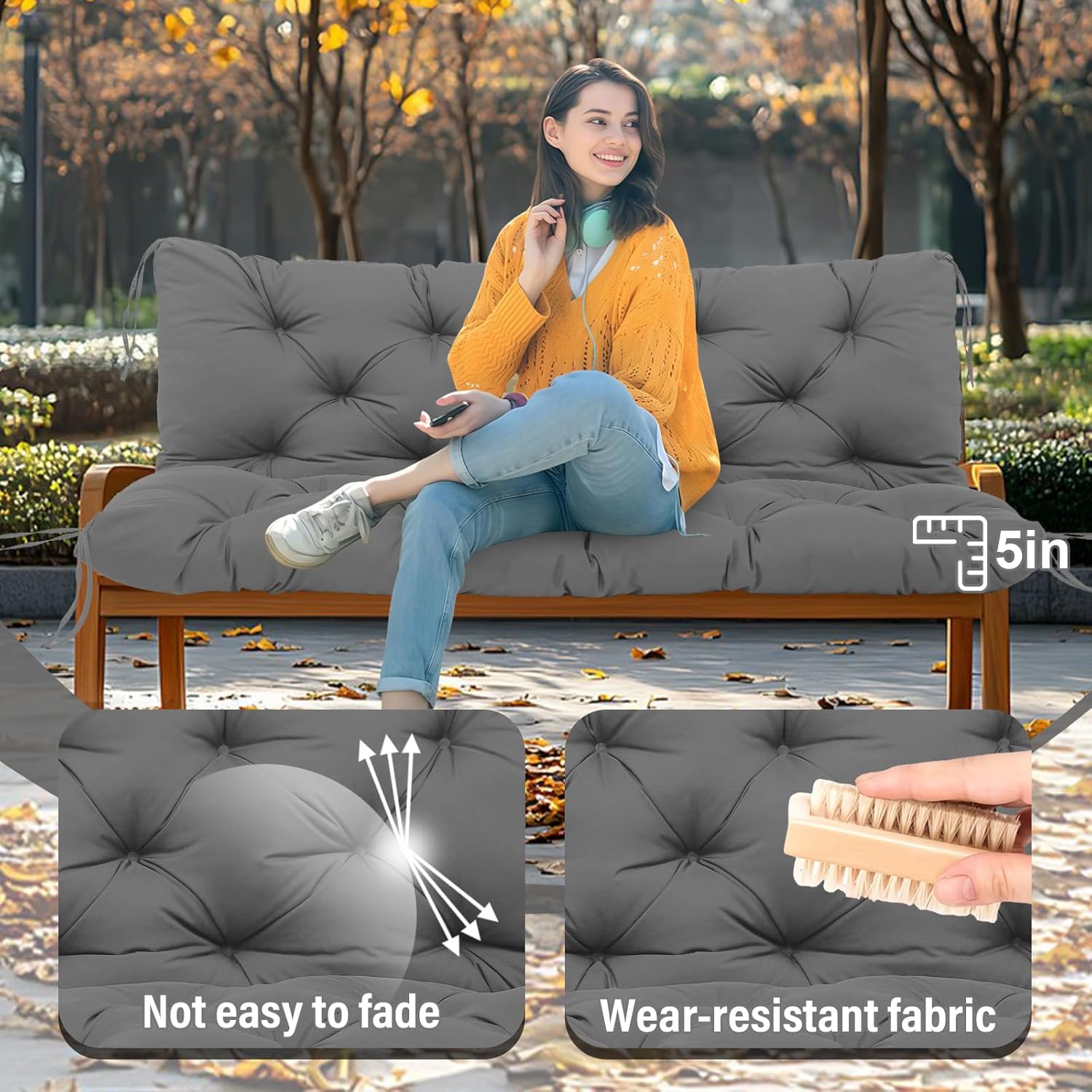 Premium 5"Thick Waterproof Outdoor Swing Cushions Sturdy Durable 2-3 Seat Replacement Porch Swing Cushions with Backrest&Ties Bench Cushion for Outdoor Furniture Backyard Patio(Gray60x40inch)