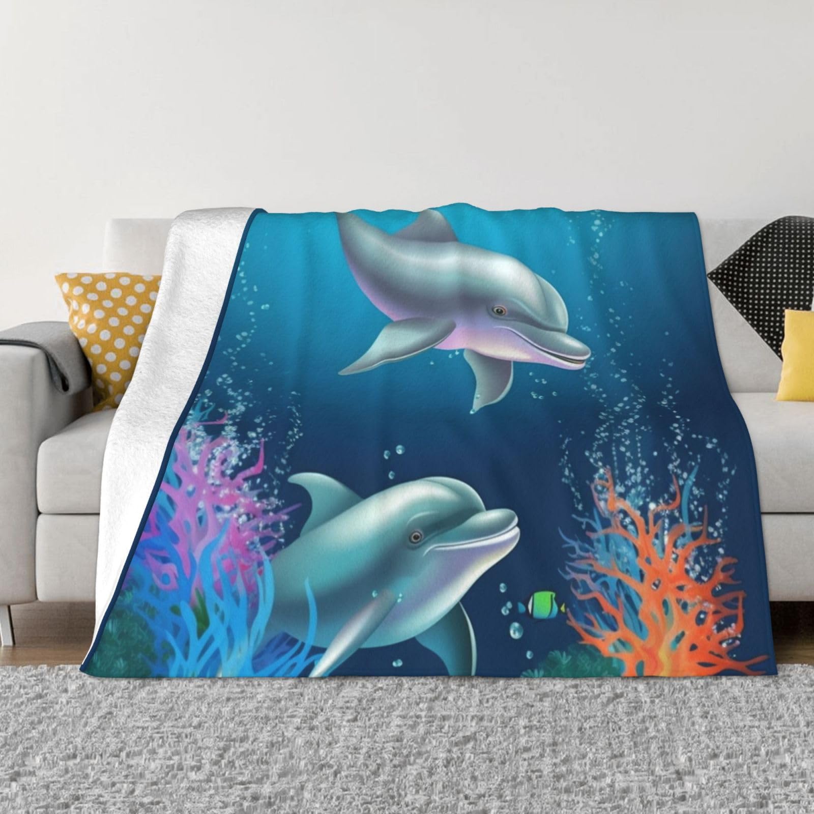 KLOPH Dolphin and Fish Throw Blanket 40"x30" Flannel Fluffy Warm Blanket for Couch, Reversible Plush Blankets for Bed, Comfy Fuzzy Blanket for Sofa, Plush Lightweight-Blankets for All Season